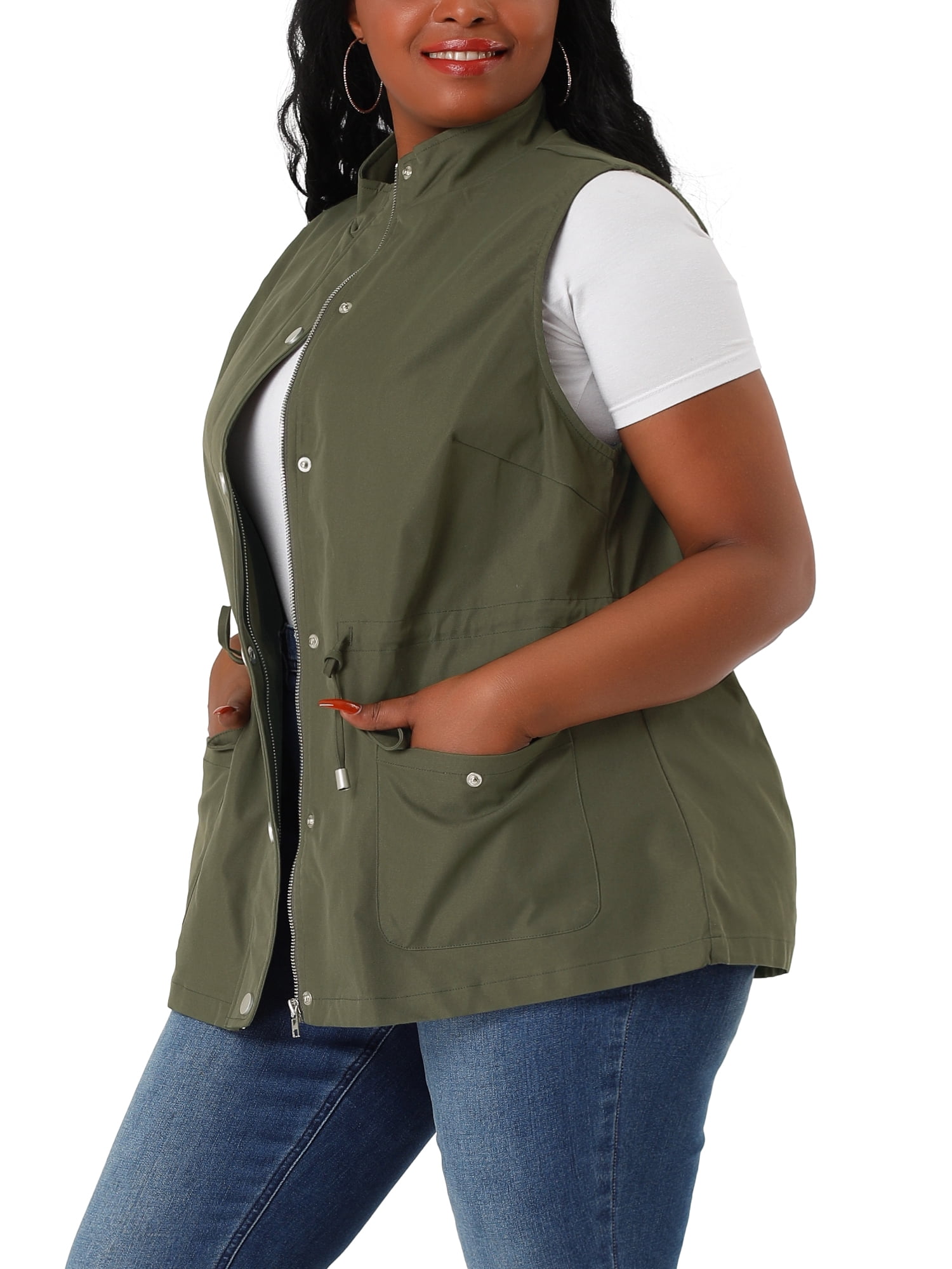 DARING DIVA Women's Plus Size Lightweight Sleeveless Anorak Cargo Vest 6X Army Green