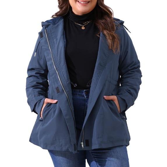 DARING DIVA Women's Plus Size Lightweight Waterproof Hooded Windbreaker Coat 2X Navy Blue