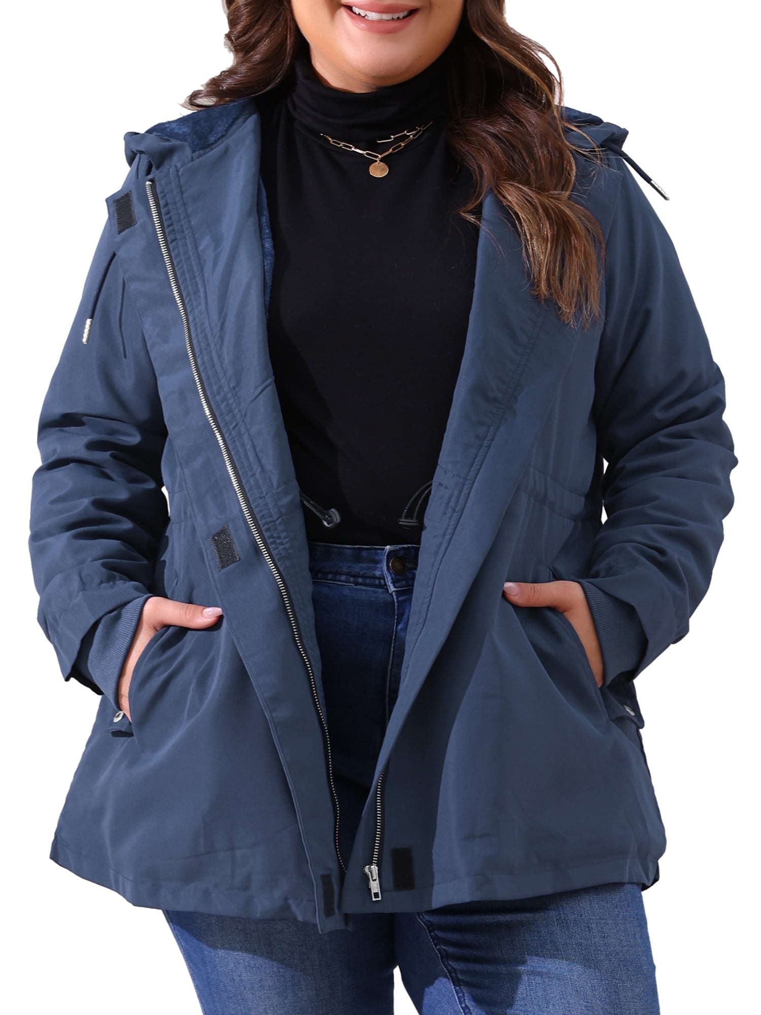 DARING DIVA Women's Plus Size Lightweight Waterproof Hooded Windbreaker Coat 3X Navy Blue