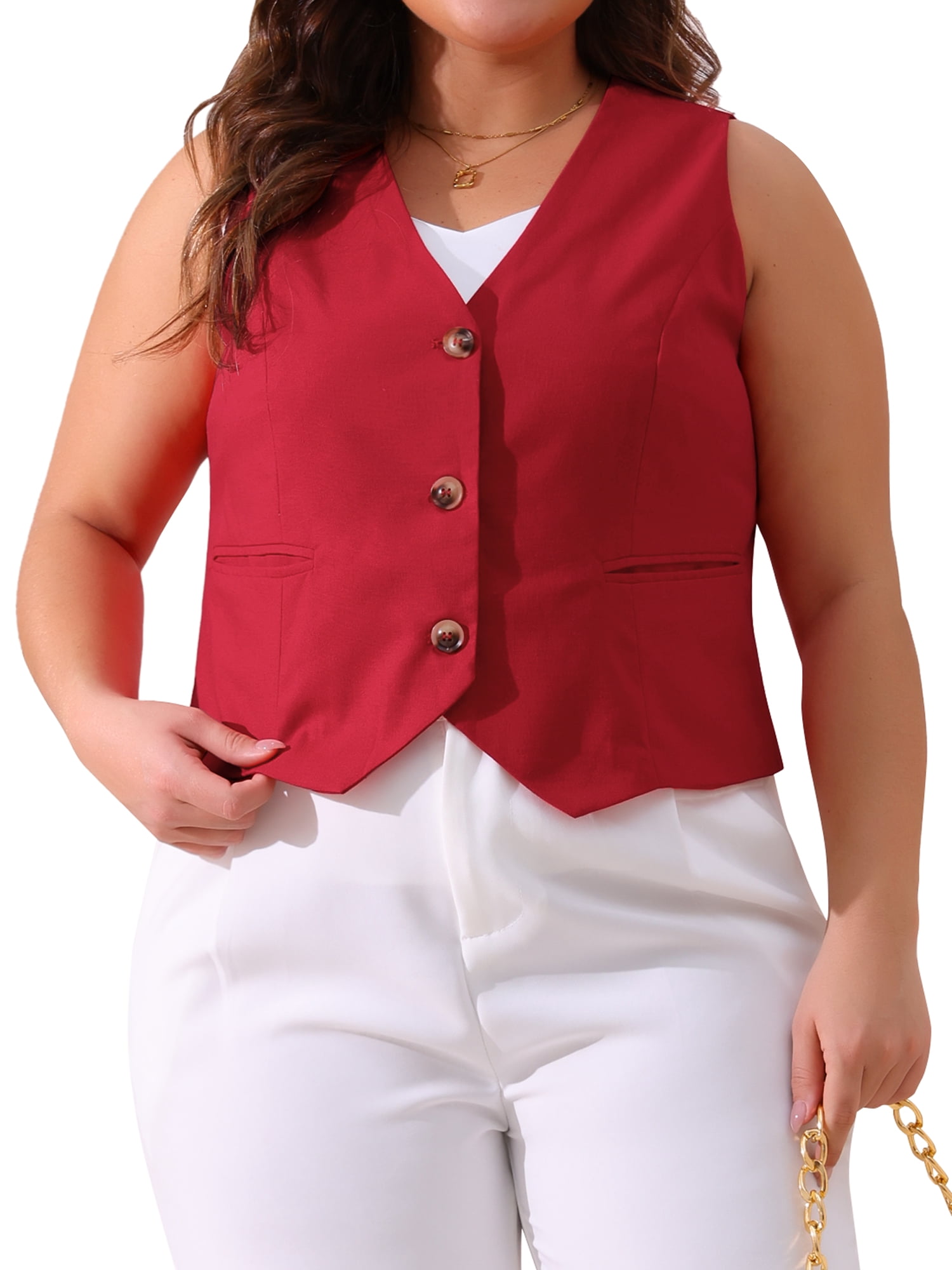 DARING DIVA Women's Plus Size Casual Soft Lined Button Down Vest 1X Red