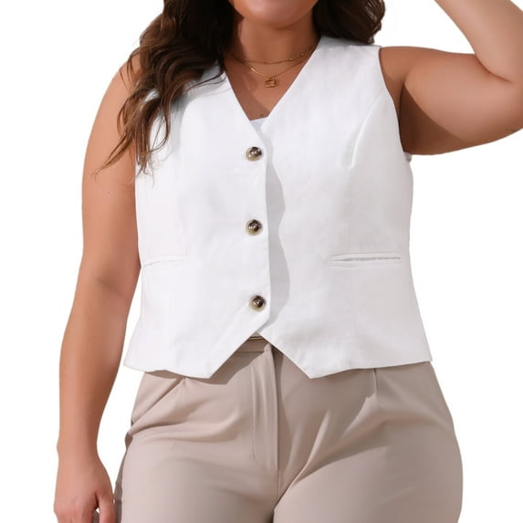 DARING DIVA Women's Plus Size Lined Button Down Vest 1X White