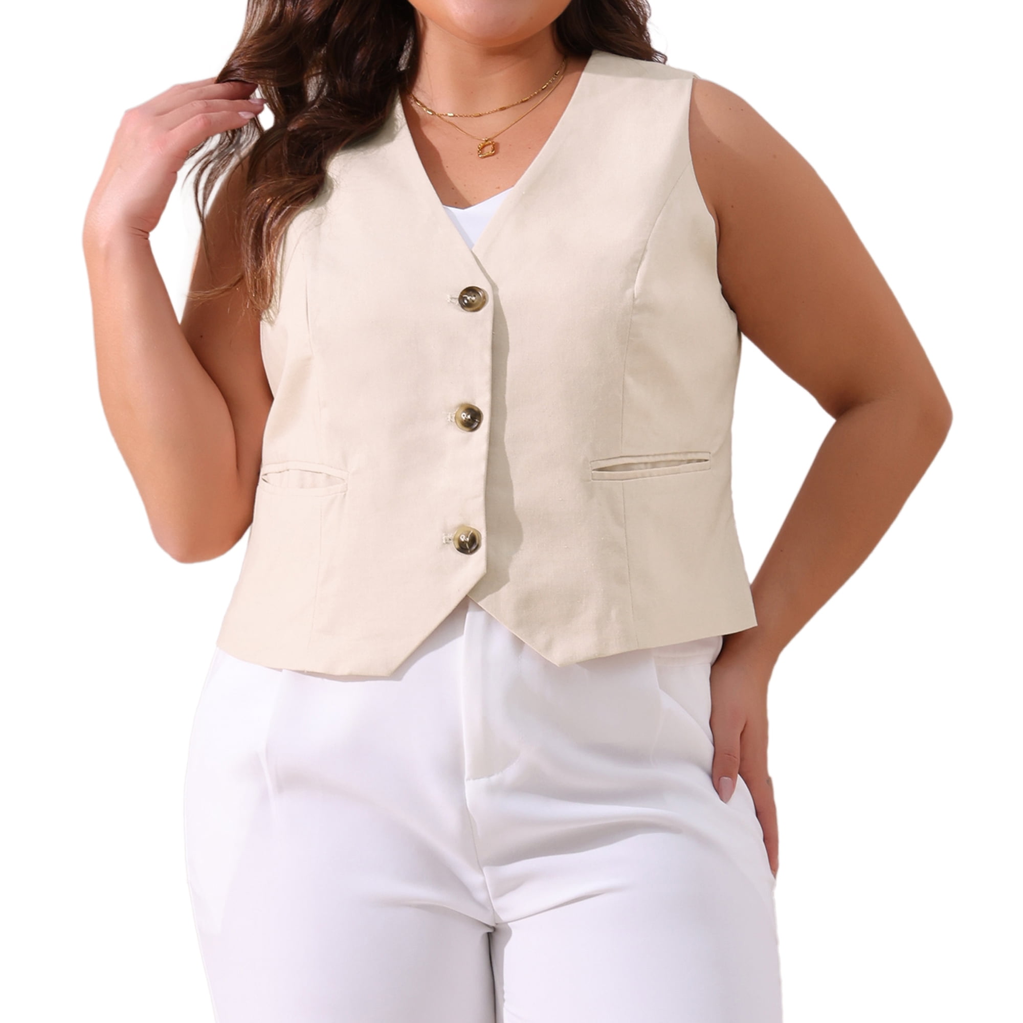 DARING DIVA Women's Plus Size Casual Soft Lined Button Down Vest 2X Beige