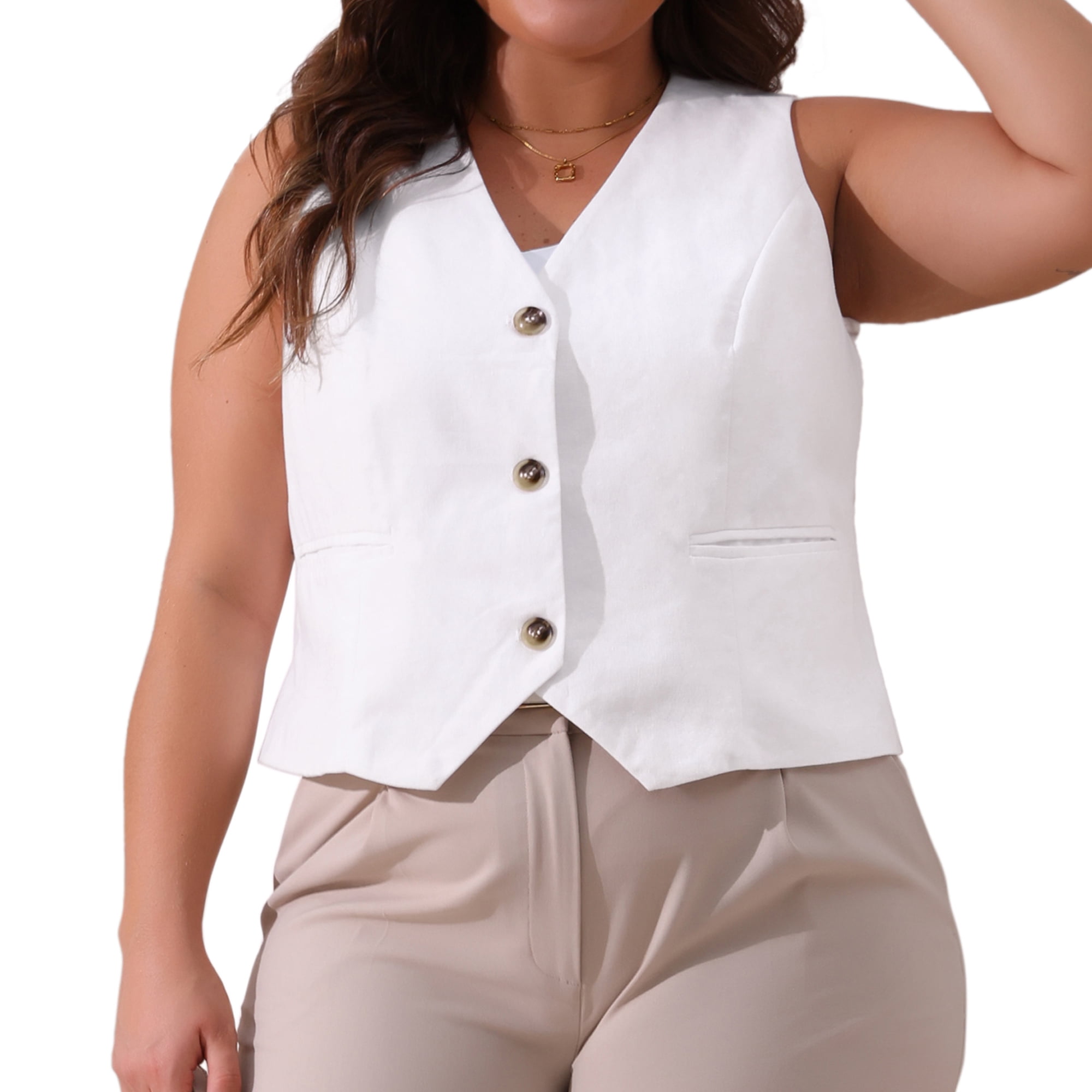 DARING DIVA Women's Plus Size Casual Soft Lined Button Down Vest 3X White