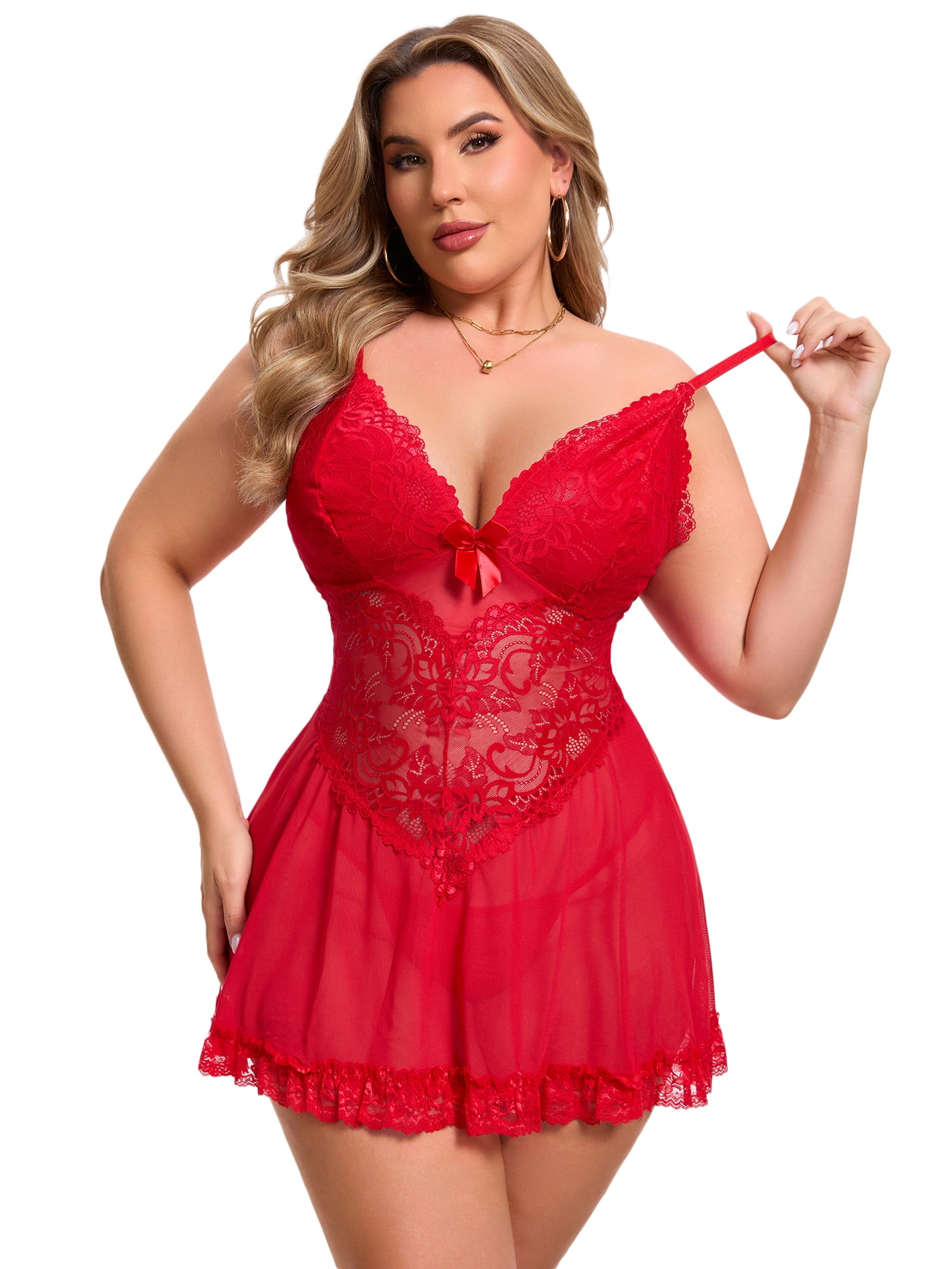 DARING DIVA Women's Plus Size Lingerie Lace V Neck Mesh See Through Chemise 2XL Red
