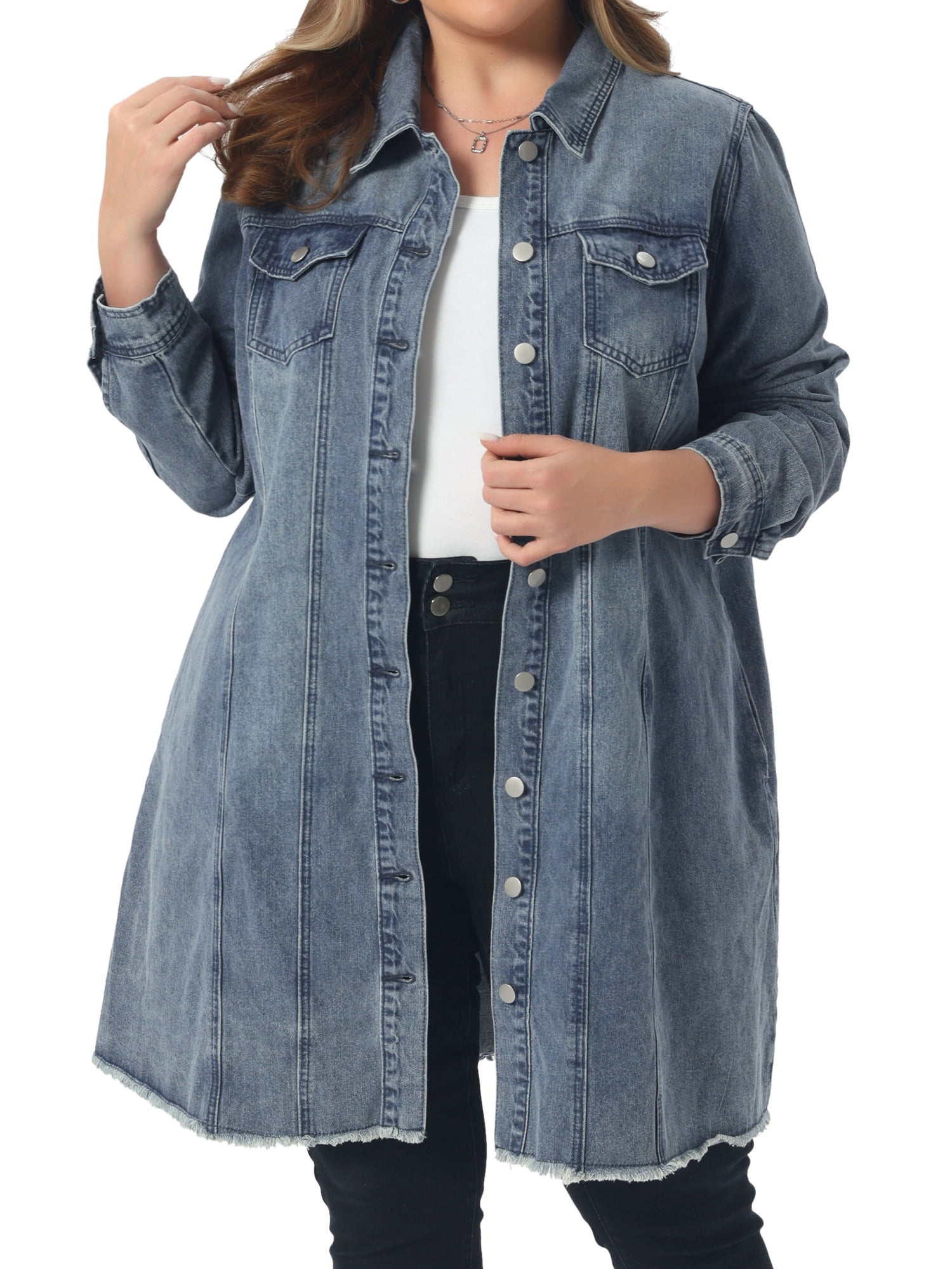 DARING DIVA Women's Plus Size Long Distressed Button Up Denim Jacket 1X Dusty Blue