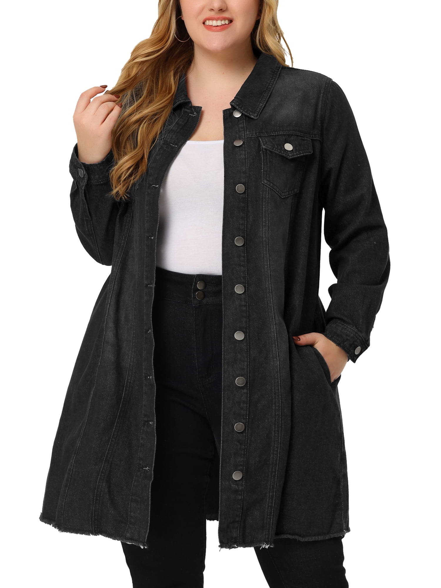 DARING DIVA Women's Plus Size Long Distressed Button Up Denim Jacket 5X Black