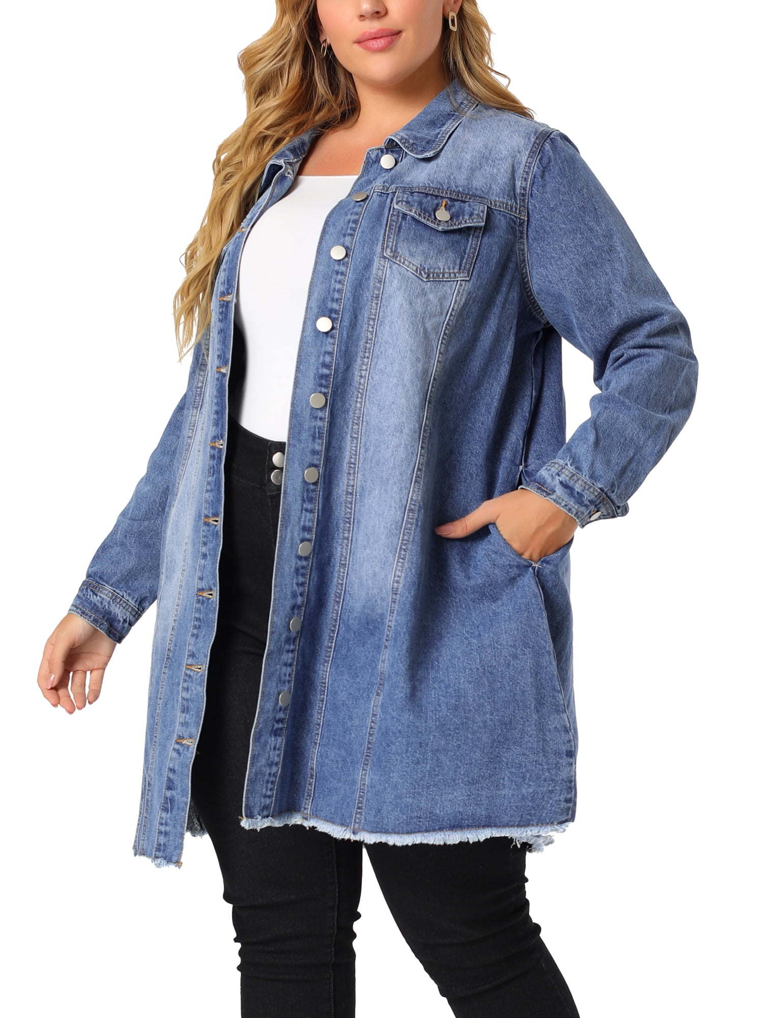 DARING DIVA Women's Plus Size Long Distressed Button Up Denim Jacket 5X Blue