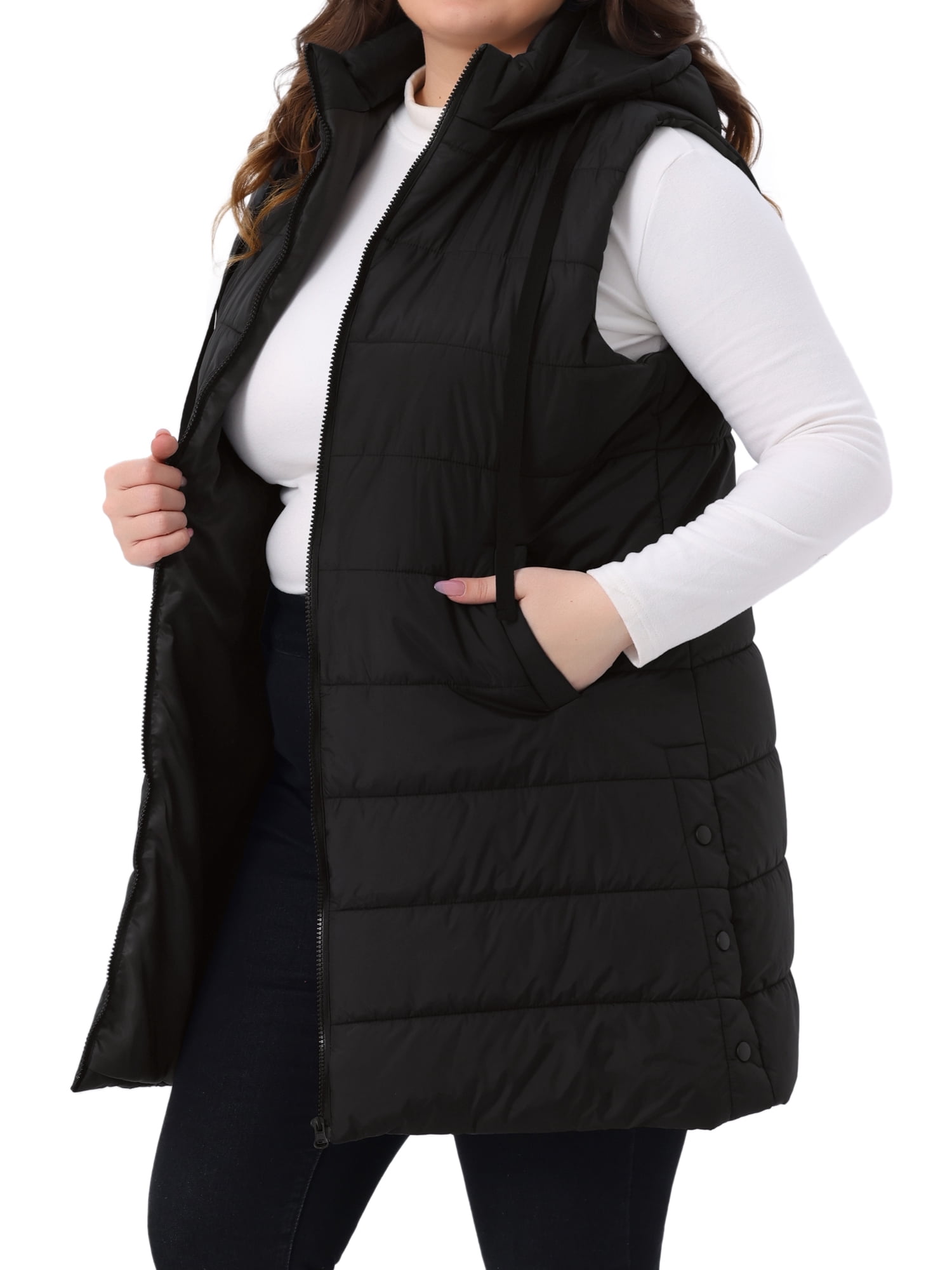 DARING DIVA Women's Plus Size Long Hooded Zip Up Puffer Vest 1X Black