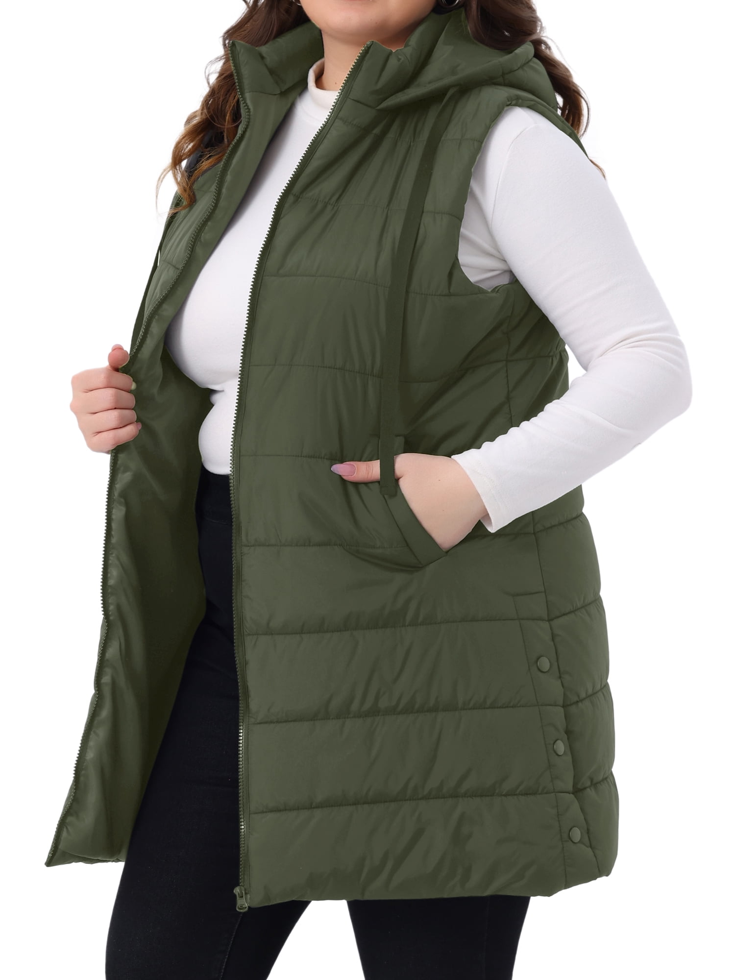 DARING DIVA Women's Plus Size Long Hooded Zip Up Puffer Vest 4X Army Green