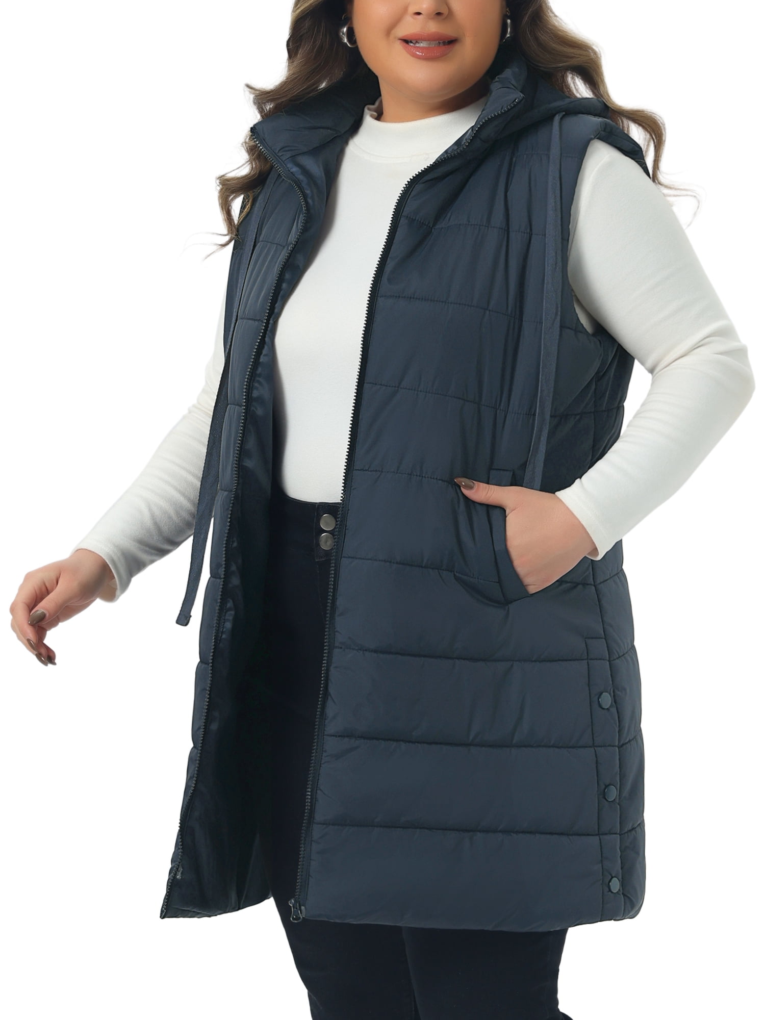 DARING DIVA Women's Plus Size Long Hooded Zip Up Puffer Vest 4X Navy Blue