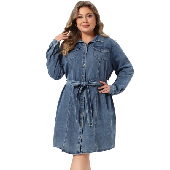 DARING DIVA Women's Plus Size Long Sleeve Belted Above Knee Denim Shirt Dress 1X Gray Blue