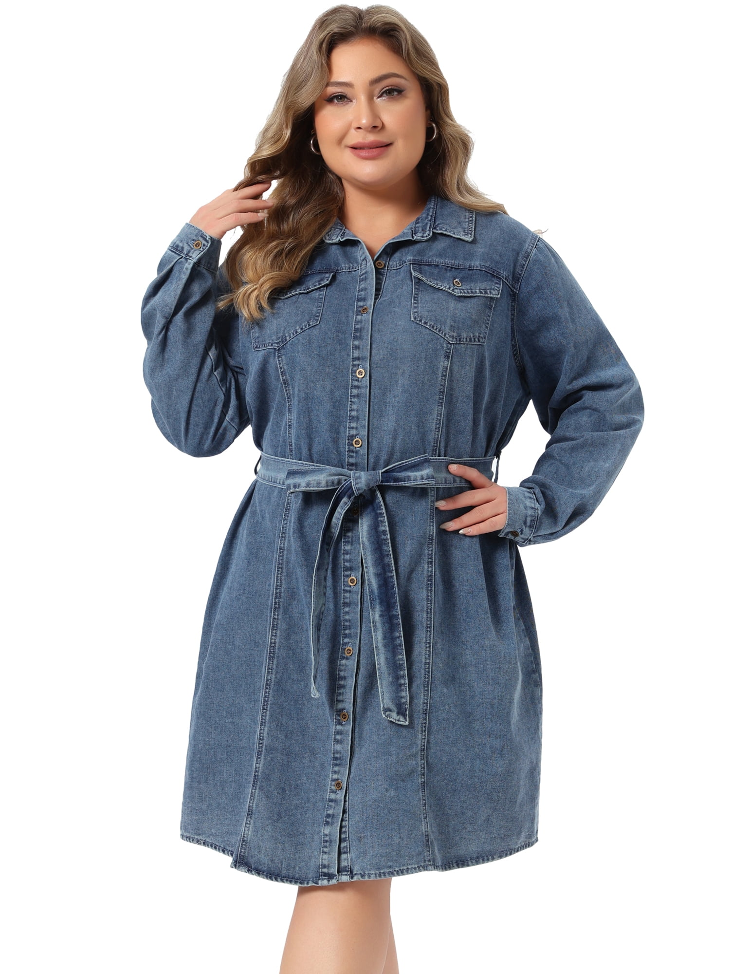 DARING DIVA Women's Plus Size Long Sleeve Belted Above Knee Denim Shirt Dress 2X Gray Blue