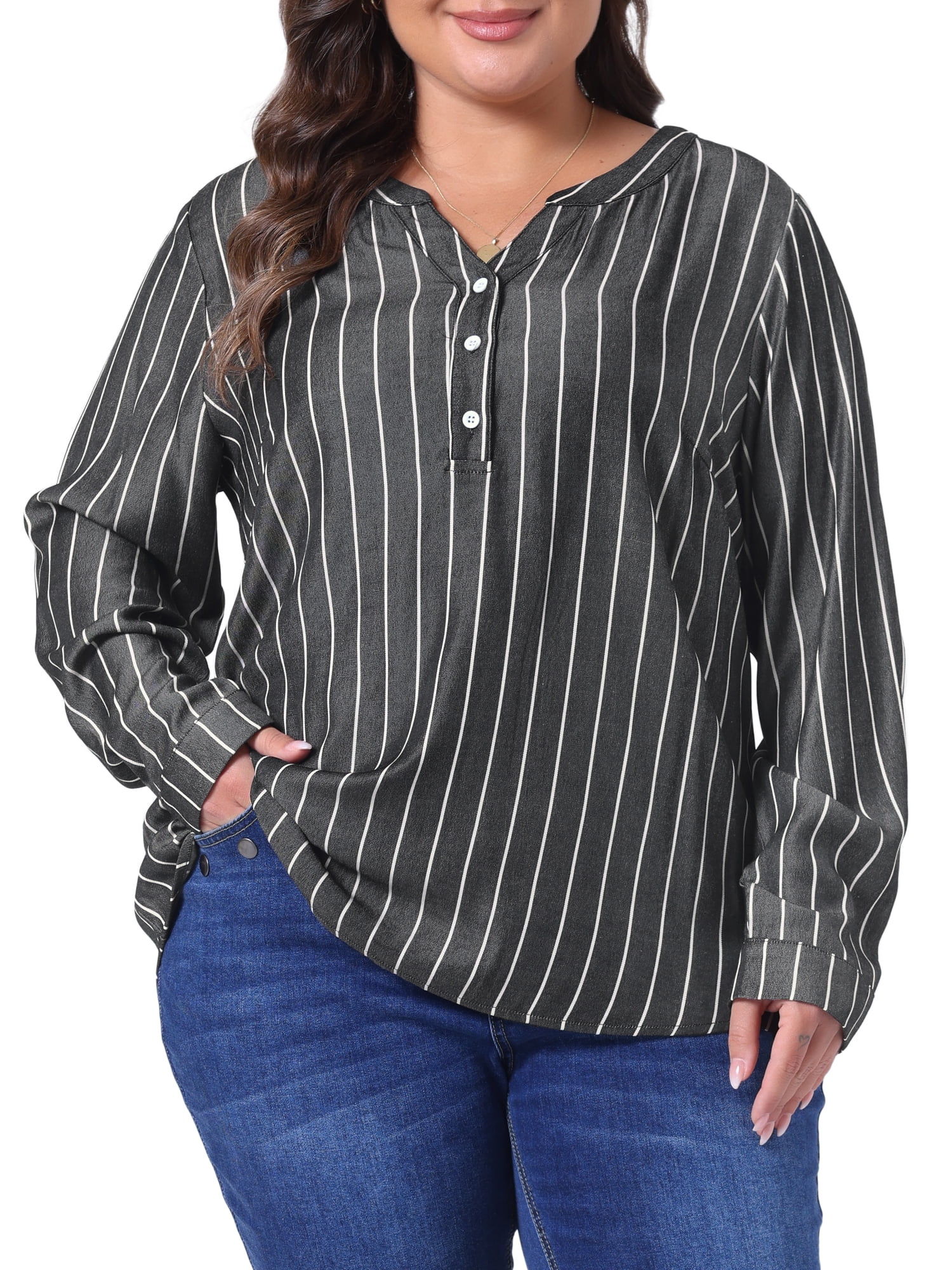 DARING DIVA Women's Plus Size Long Sleeve Button Down Blouse 1X Black