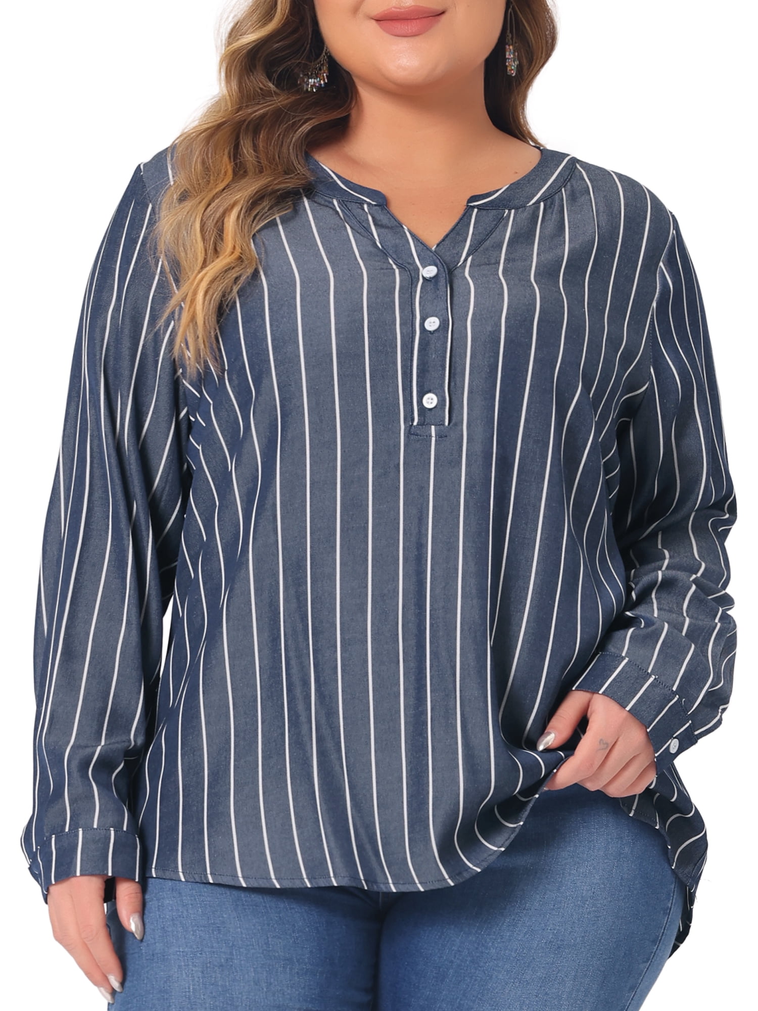 DARING DIVA Women's Plus Size Long Sleeve Button Down Blouse 2X Black Blue