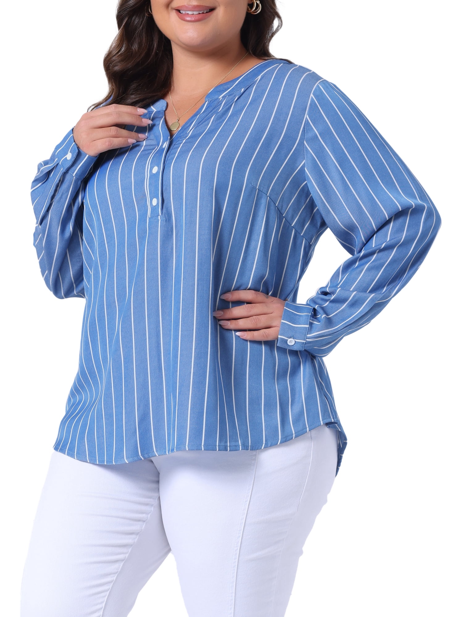 DARING DIVA Women's Plus Size Long Sleeve Button Down Blouse 4X Blue ...
