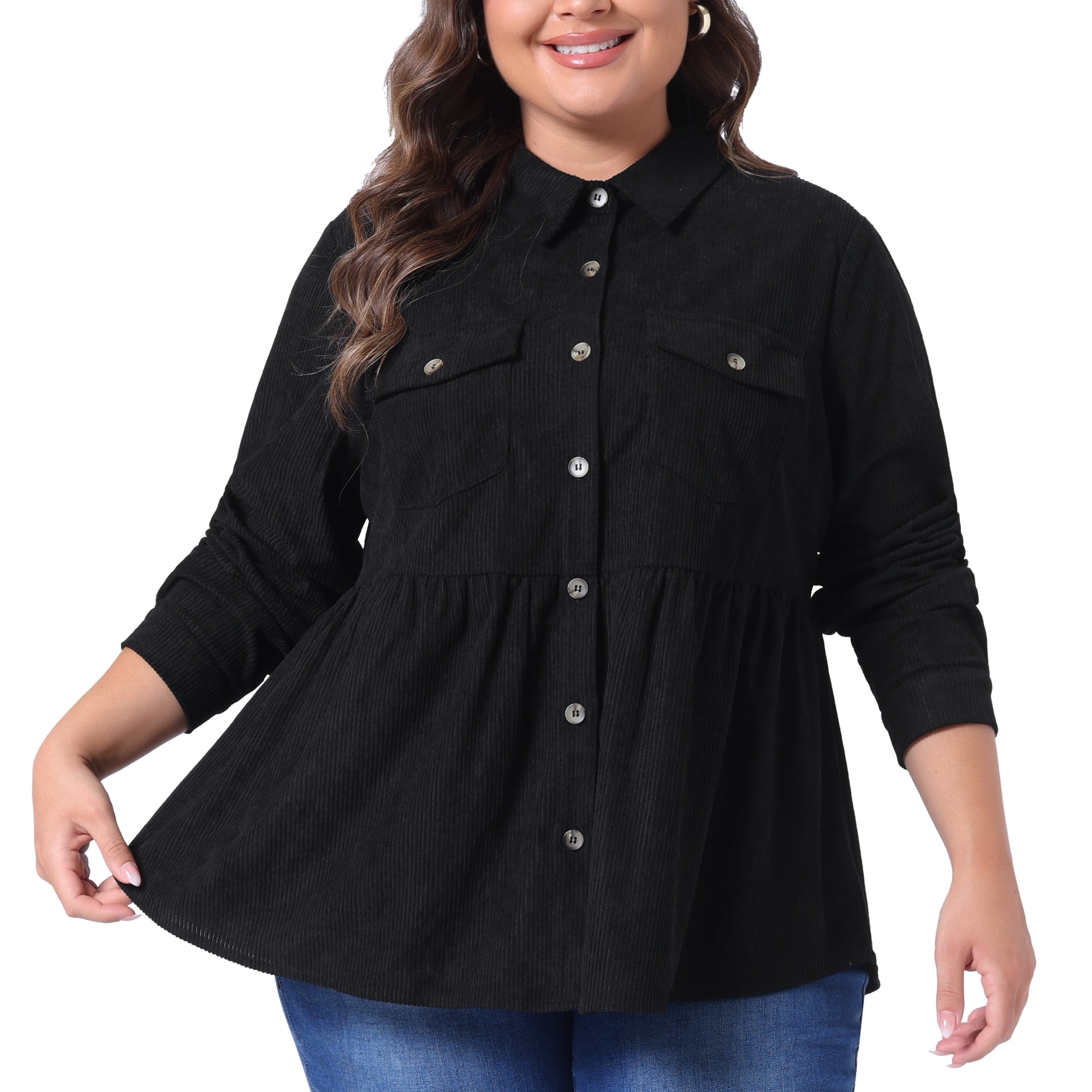 DARING DIVA Women's Plus Size Long Sleeve Button Down Blouses 2X Black