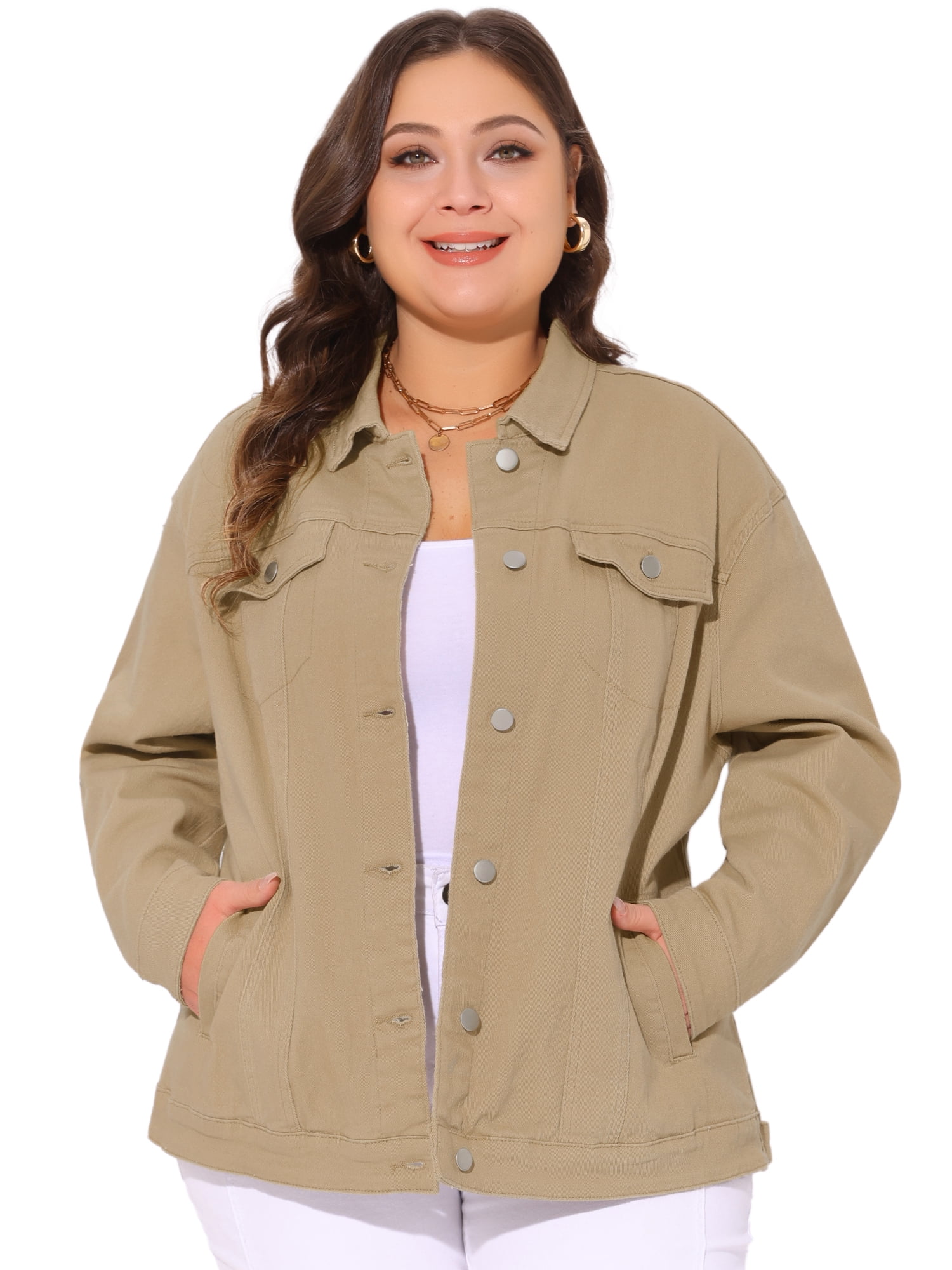 DARING DIVA Women's Plus Size Long Sleeve Button Front Washed Denim Jacket 1X Khaki