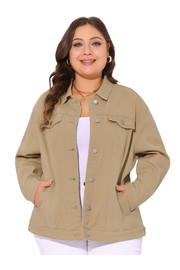 Women's Plus Size Long Sleeve Button Front Washed Denim Jacket 3X Khaki