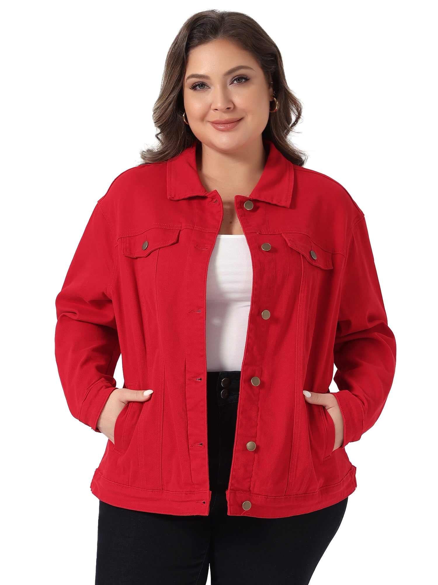 DARING DIVA Women's Plus Size Long Sleeve Button Front Washed Denim Jacket 3X Red