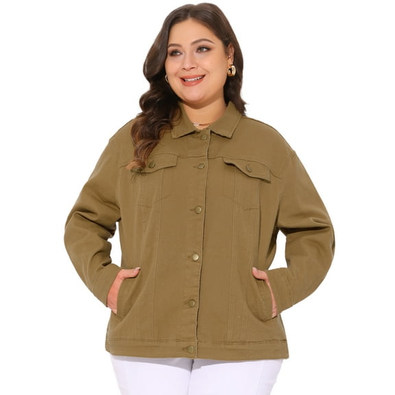 DARING DIVA Women's Plus Size Long Sleeve Button Front Washed Denim Jacket 4X Light Brown