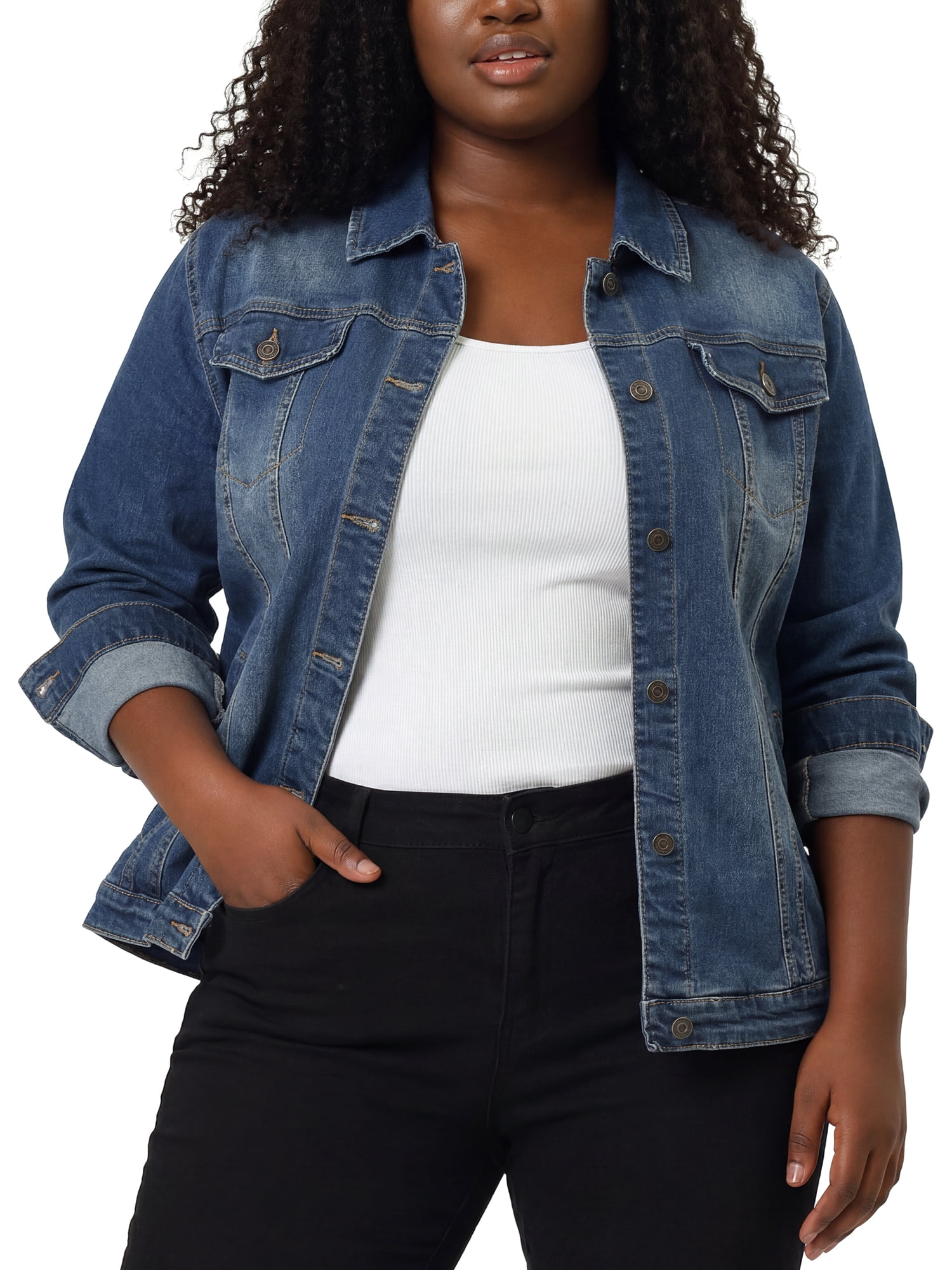 DARING DIVA Women's Plus Size Long Sleeve Button Front Washed Denim Jacket 6X Blue