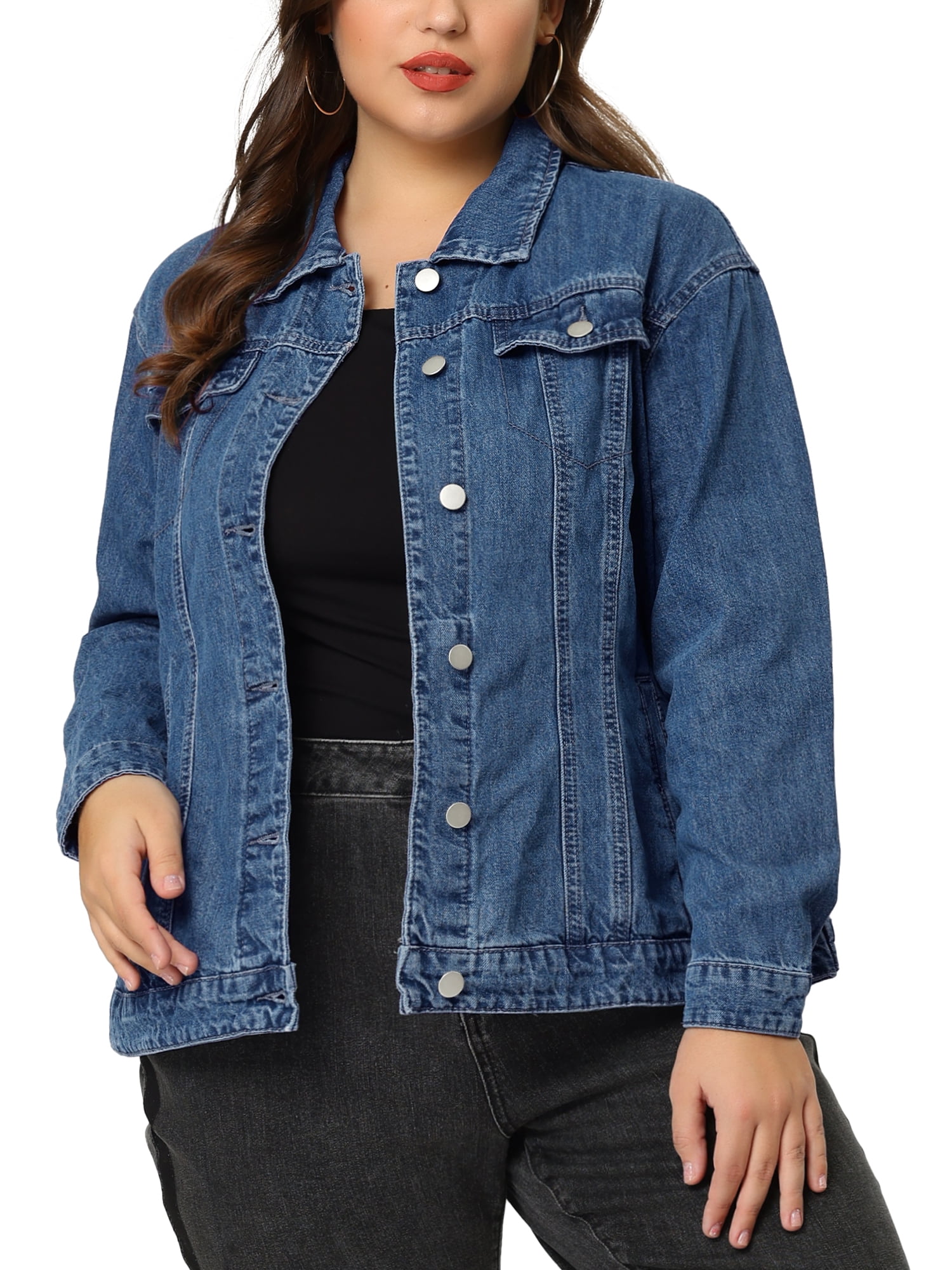 DARING DIVA Women's Plus Size Long Sleeve Button Front Washed Denim Jacket 6X Denim Blue