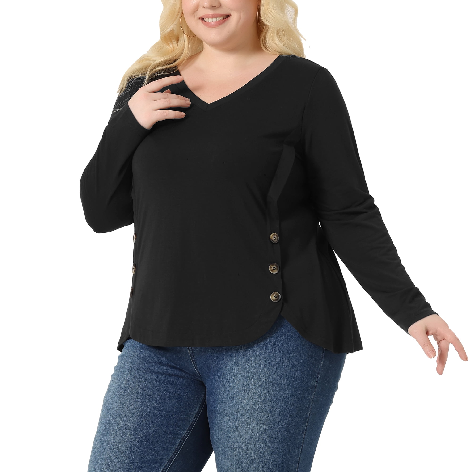DARING DIVA Women's Plus Size Long Sleeve Button Side Swing Blouses 1X Black