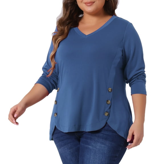 DARING DIVA Women's Plus Size Long Sleeve Button Side Swing Blouses 1X Blue