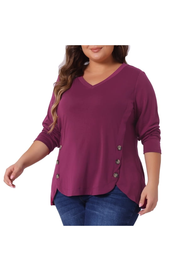 Women's Plus Size Long Sleeve Button Side Swing Blouses 1X Fuchsia