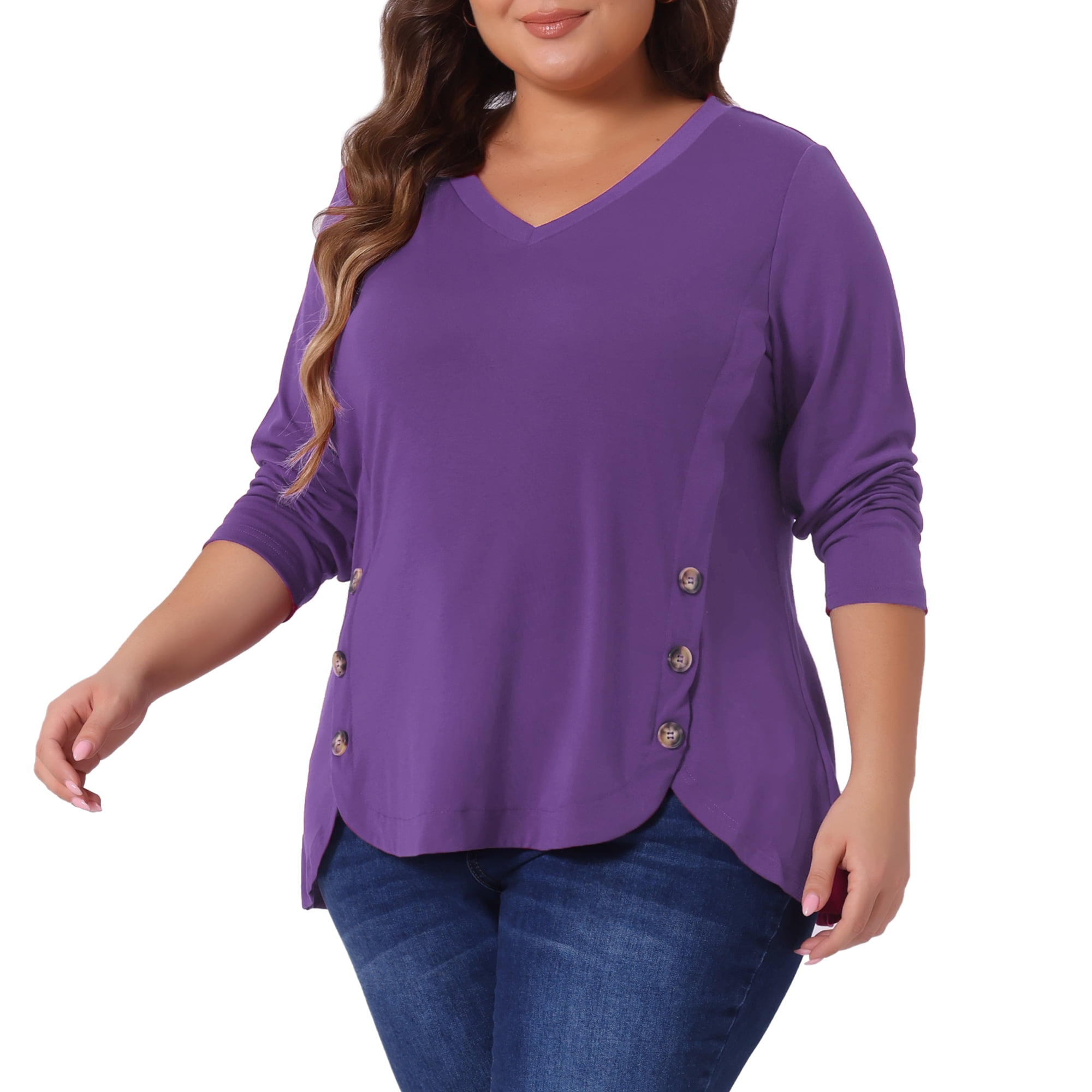 DARING DIVA Women's Plus Size Long Sleeve Button Side Swing Blouses 2X Dark Purple