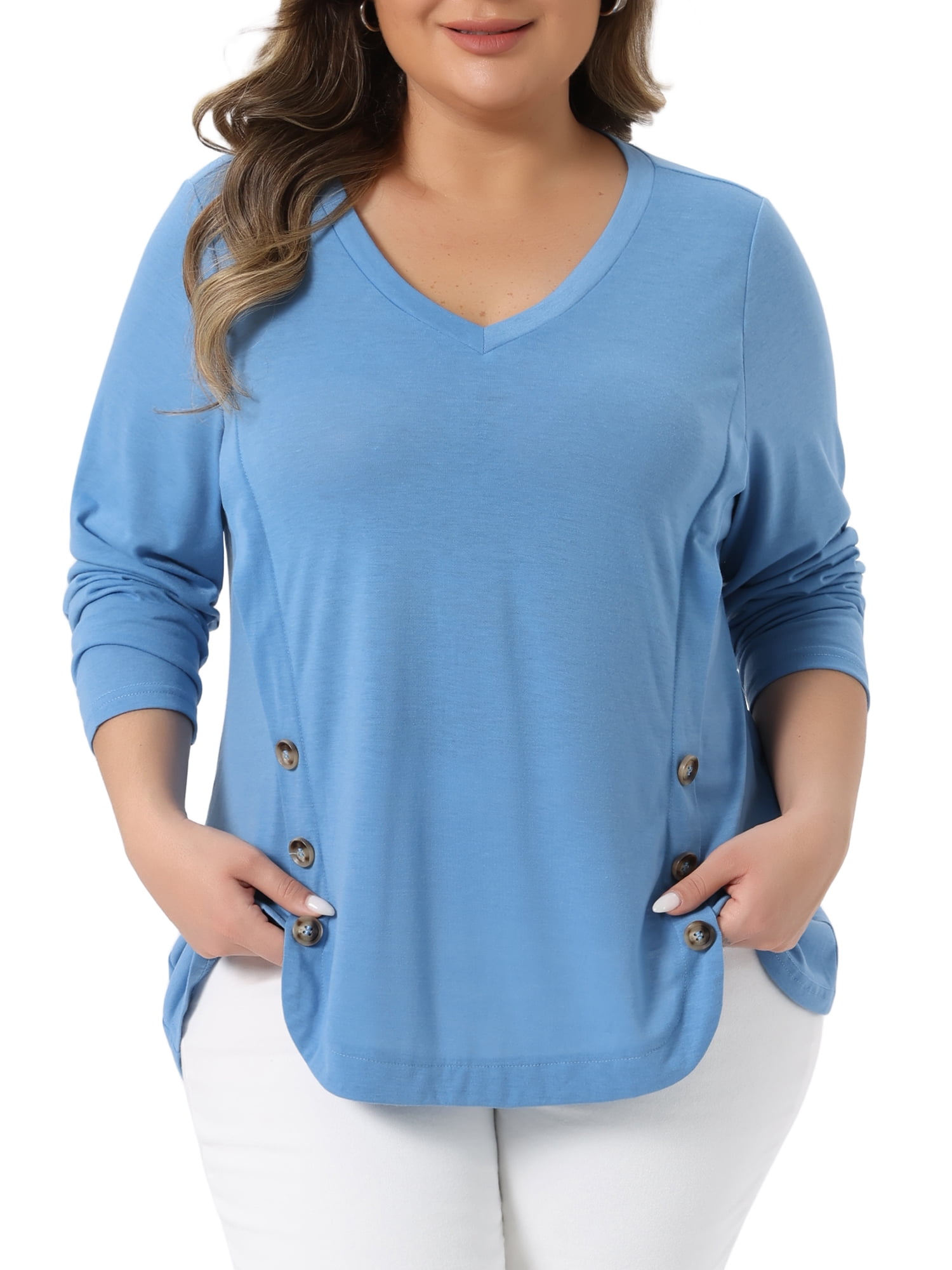 DARING DIVA Women's Plus Size Long Sleeve Button Side Swing Blouses 2X Gray Blue