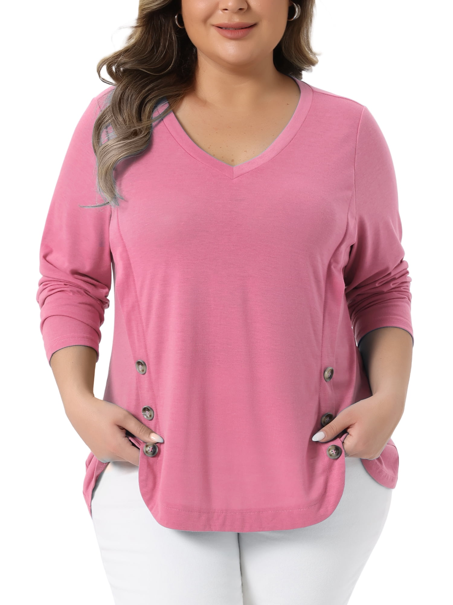 DARING DIVA Women's Plus Size Long Sleeve Button Side Swing Blouses 2X Pink
