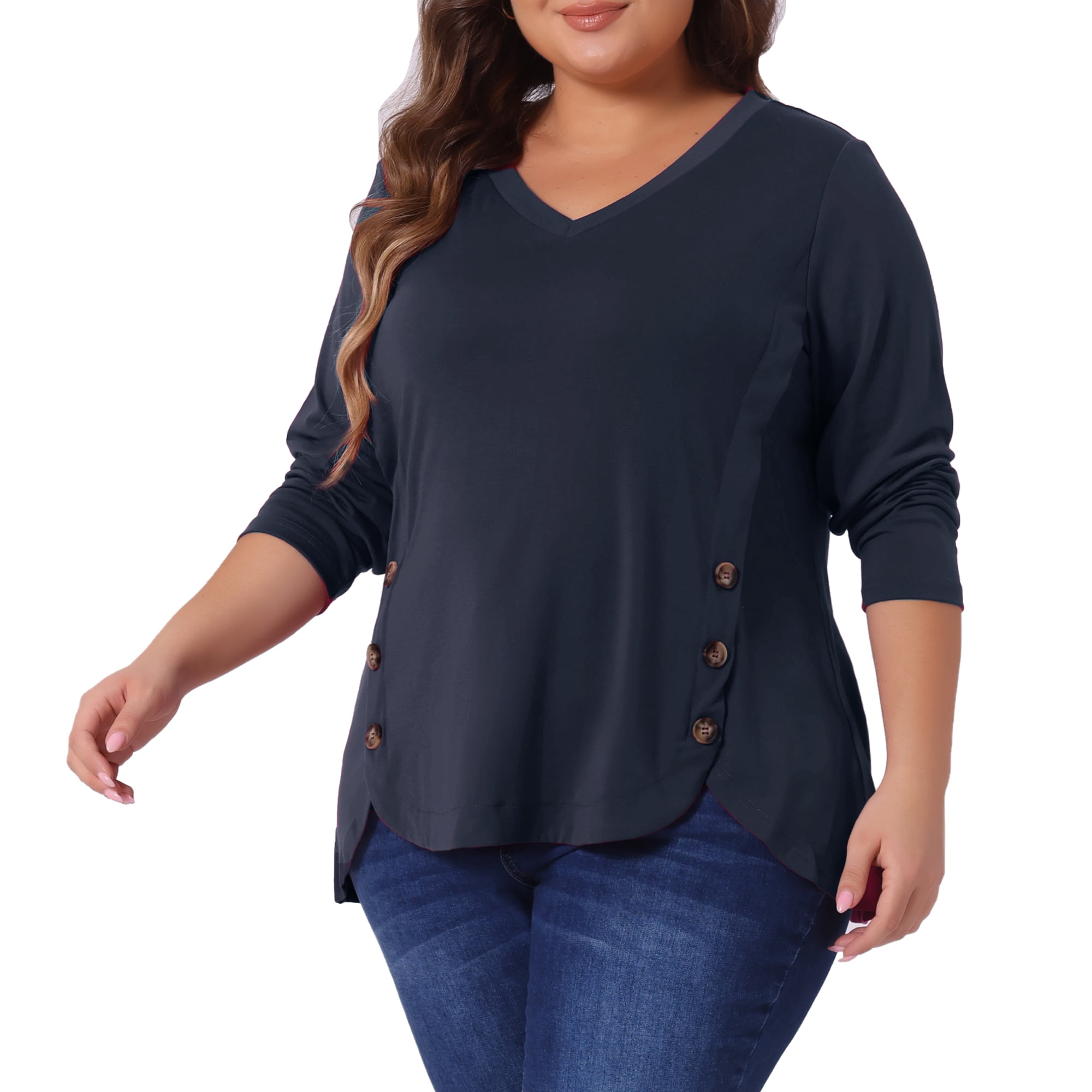 DARING DIVA Women's Plus Size Long Sleeve Button Side Swing Blouses 3X Navy Blue