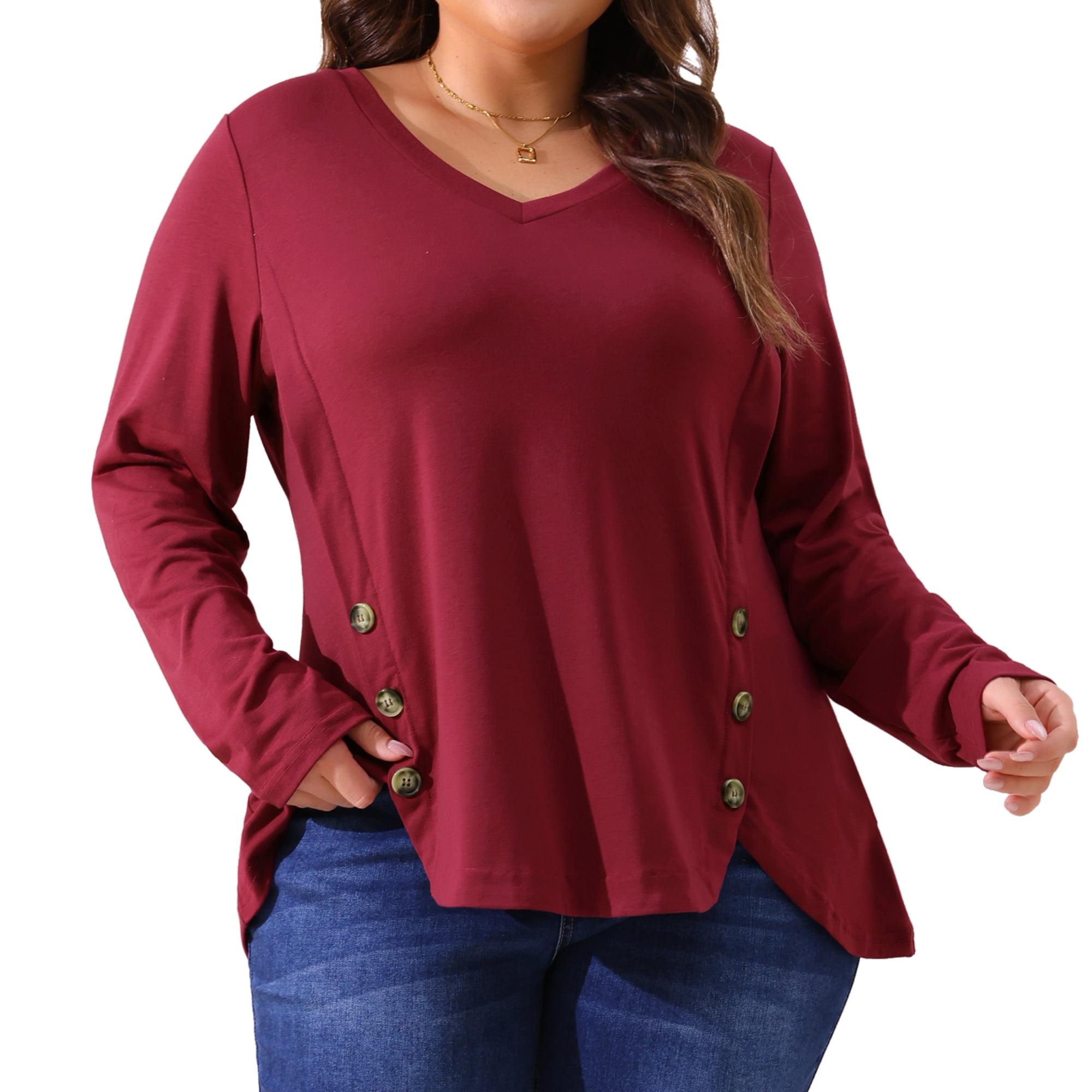 DARING DIVA Women's Plus Size Long Sleeve Button Side Swing Blouses 4X Burgundy