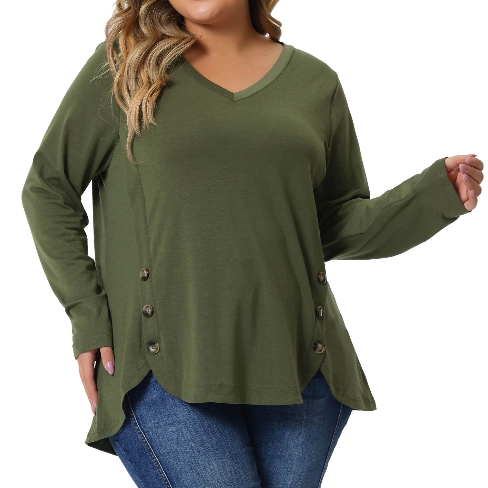 DARING DIVA Women's Plus Size Long Sleeve Button Side Swing Blouses 5X ArmyGreen