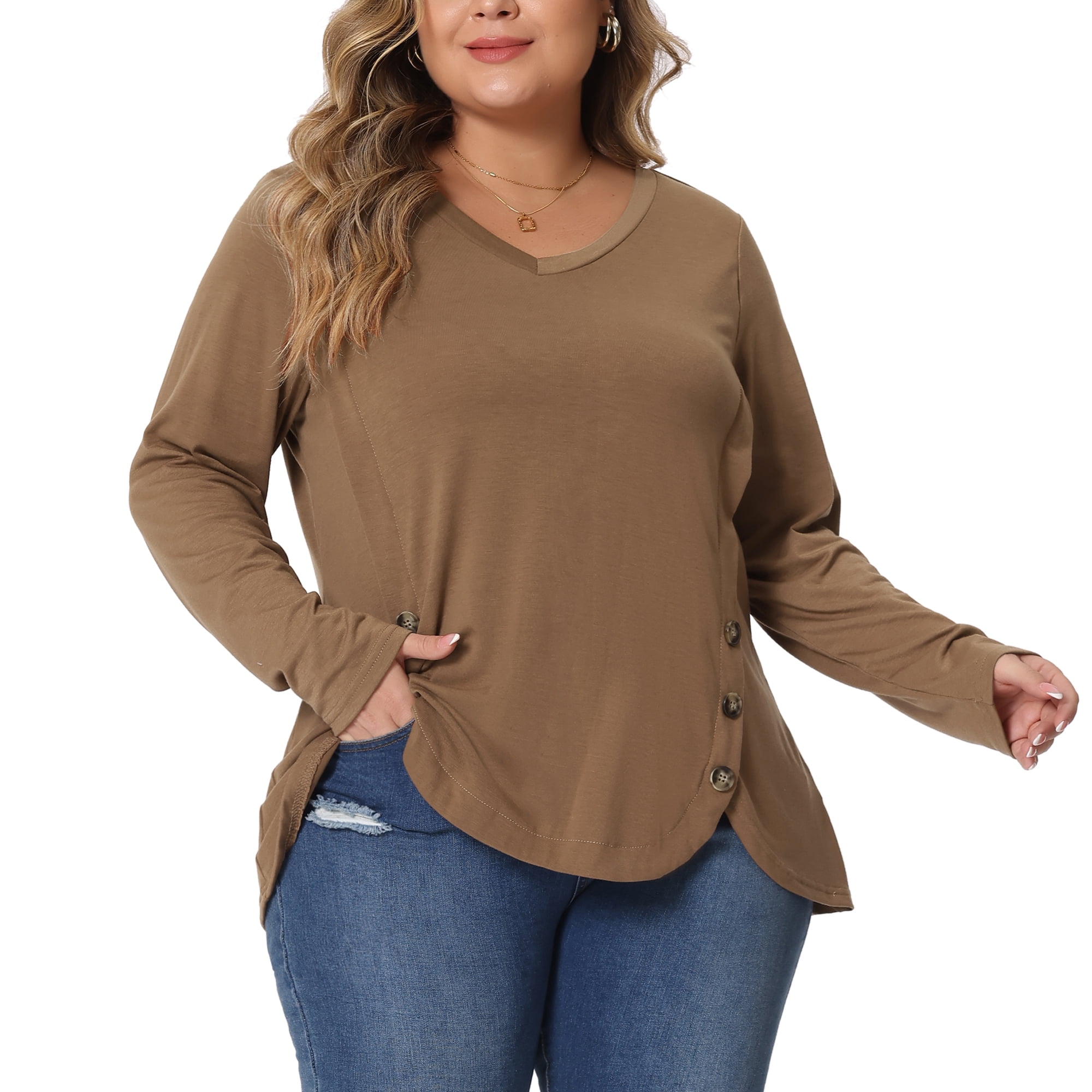 DARING DIVA Women's Plus Size Long Sleeve Button Side Swing Blouses 5X Brown