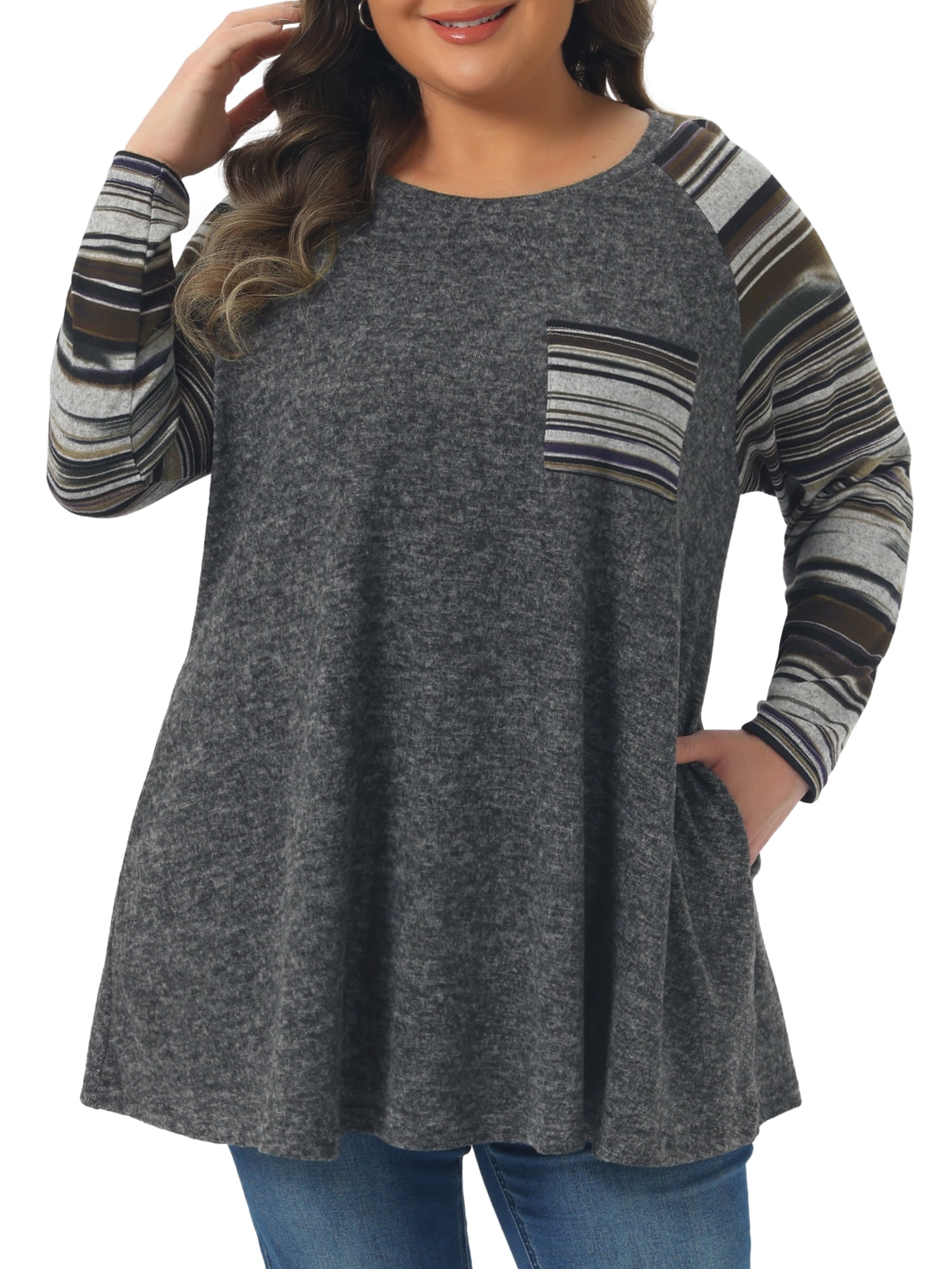 DARING DIVA Women's Plus Size Long Sleeve Color Block Knit Tunic 1X Gray