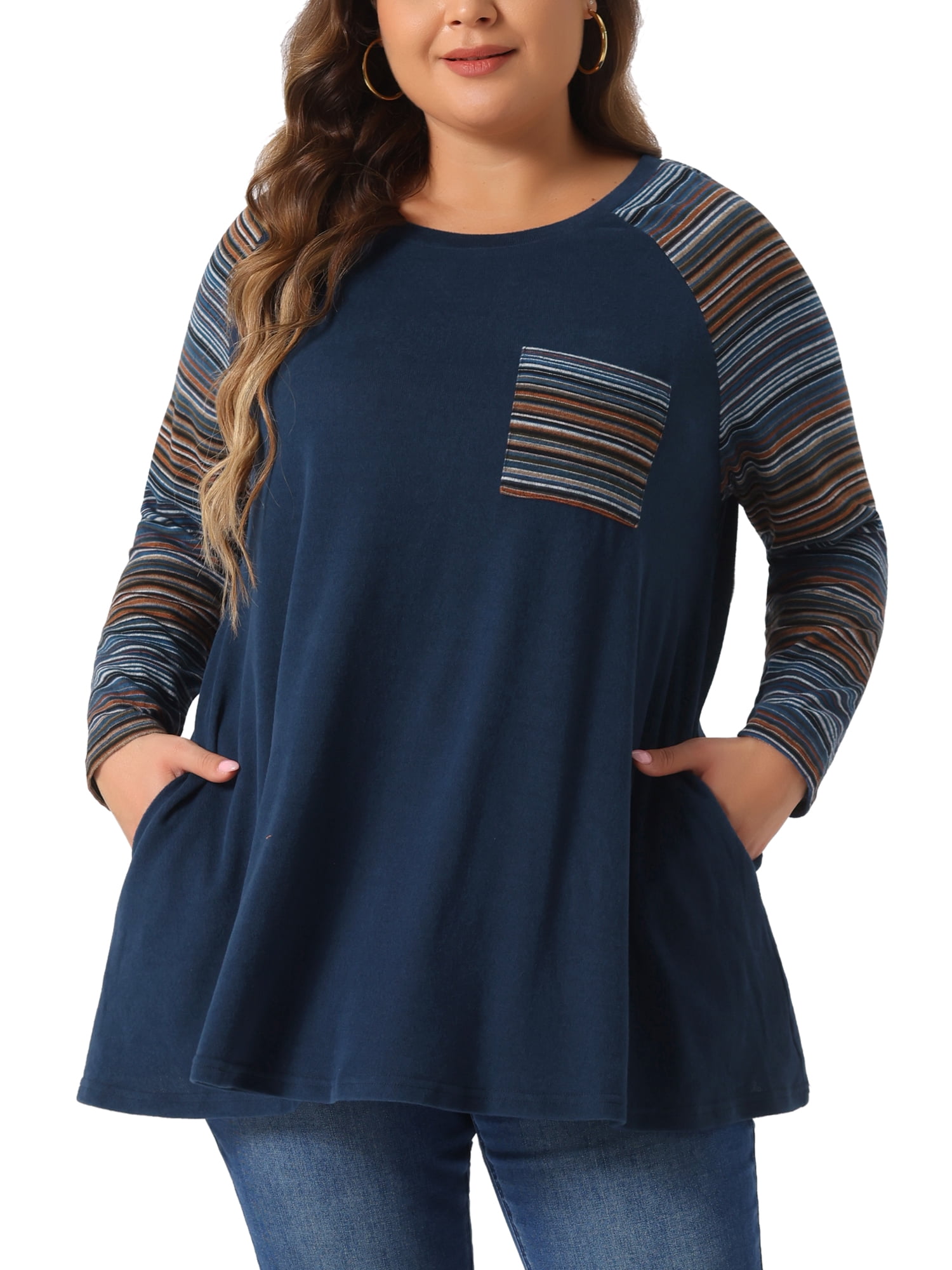 DARING DIVA Women's Plus Size Long Sleeve Color Block Knit Tunic 2X Navy Blue
