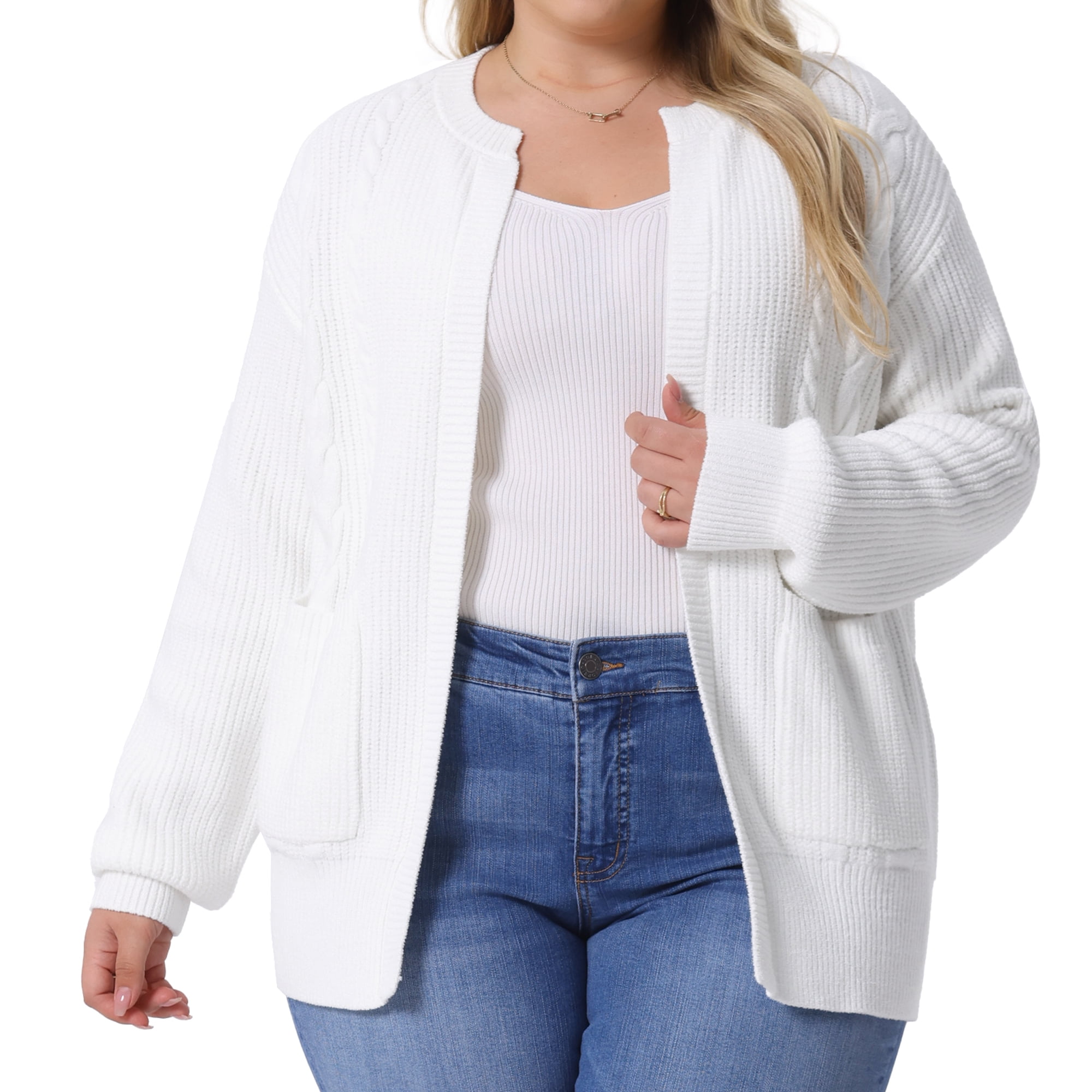 DARING DIVA Women's Plus Long Sleeve Crew Neck Knit Cardigans 1X White