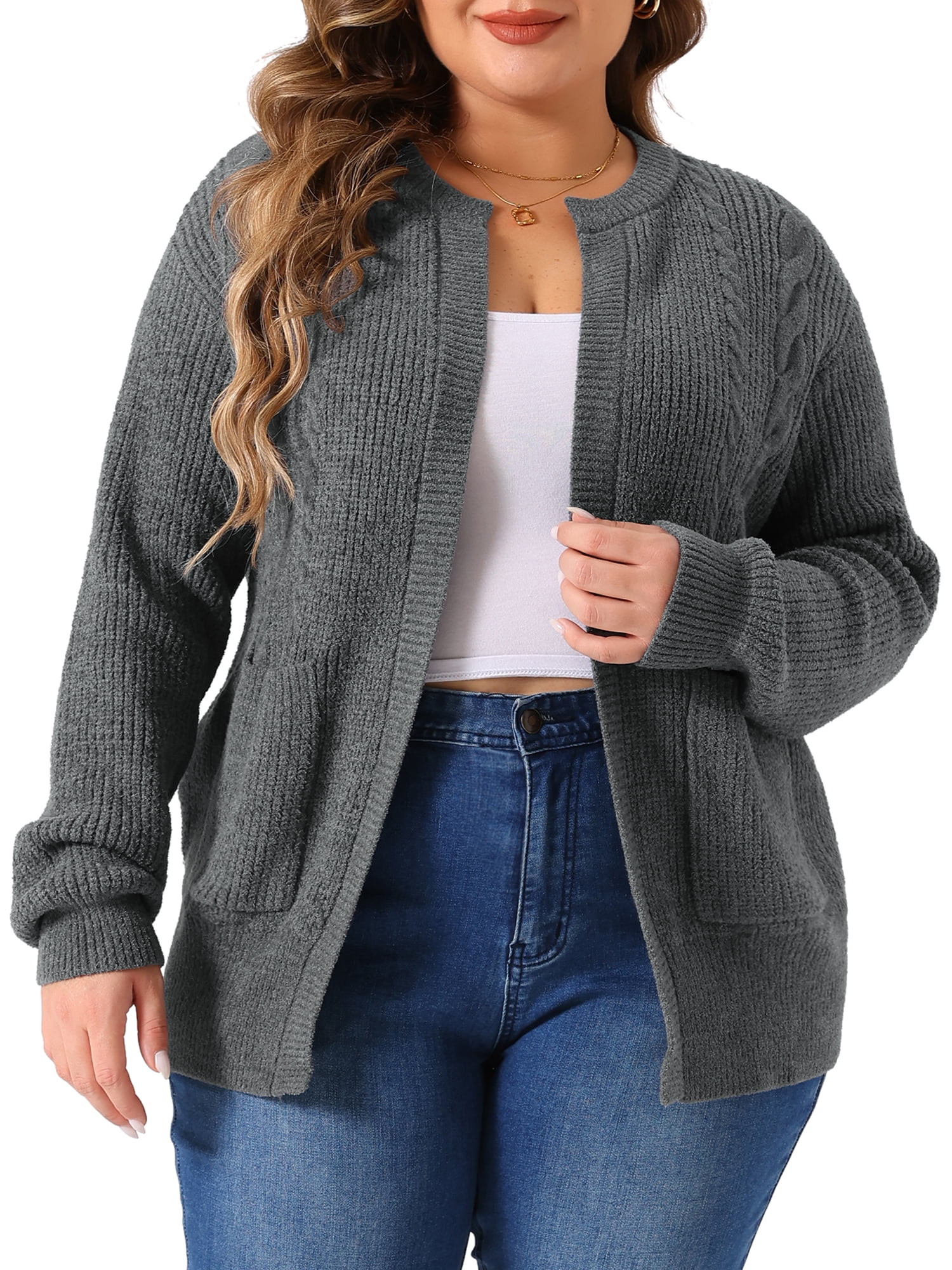 DARING DIVA Women's Plus Long Sleeve Crew Neck Knit Cardigans 3X Gray
