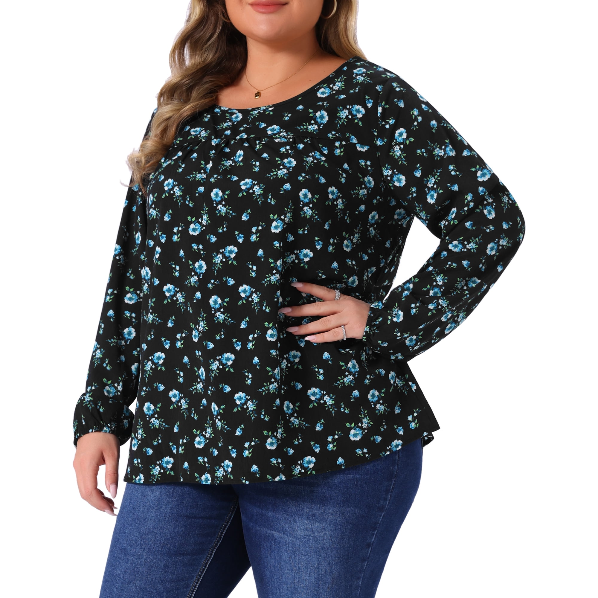 DARING DIVA Women's Plus Size Long Sleeve Floral Print Blouses Tops 3X Blue