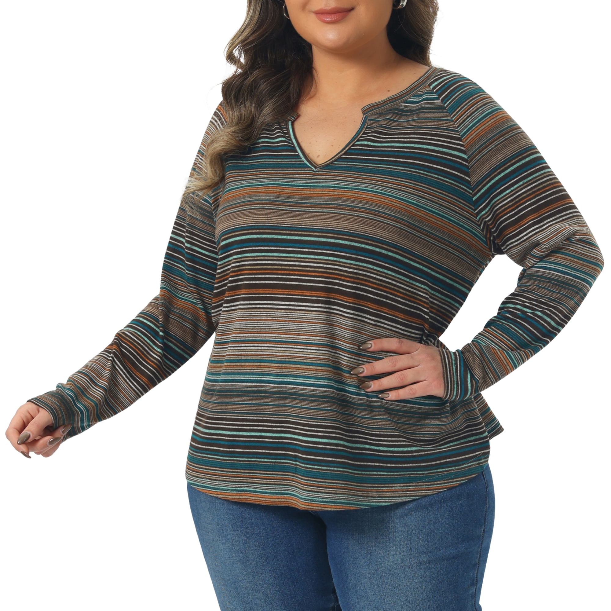 DARING DIVA Women's Plus Size Long Sleeve Notch V Neck Blouses 1X Orange