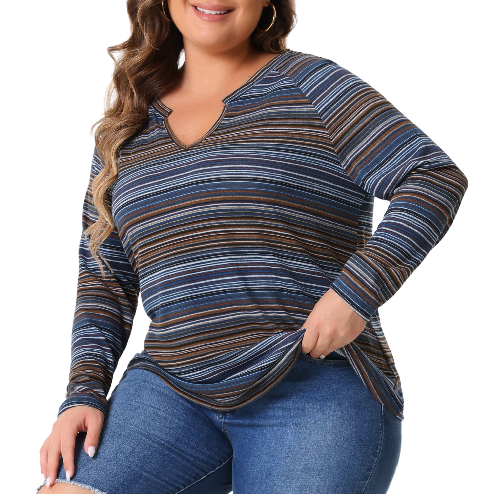 DARING DIVA Women' Plus Size Long Sleeve Notch V Neck Blouses 2X Blue