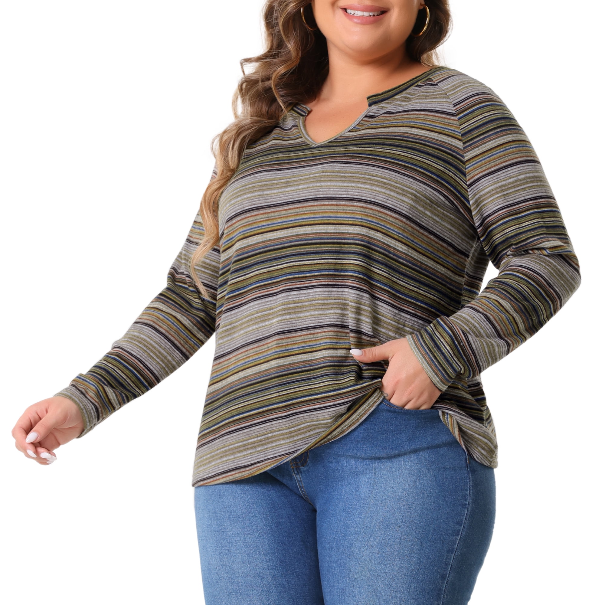 DARING DIVA Women' Plus Size Long Sleeve Notch V Neck Blouses 3X Green