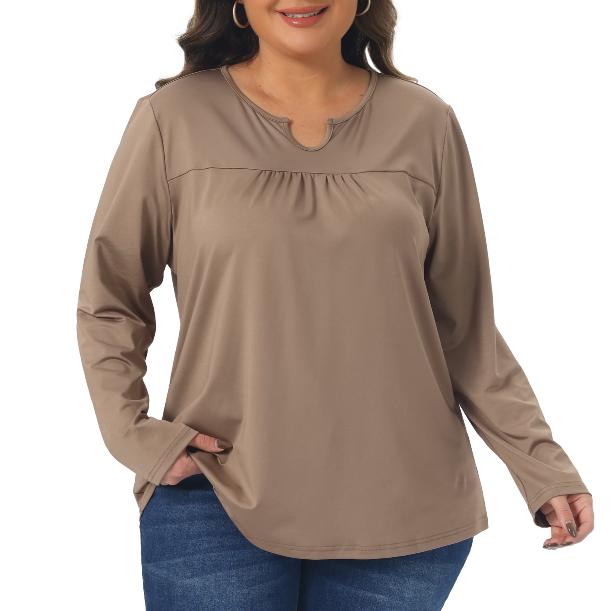 DARING DIVA Women's Plus Size Long Sleeve Notched Neck Loose Tops 1X Khaki