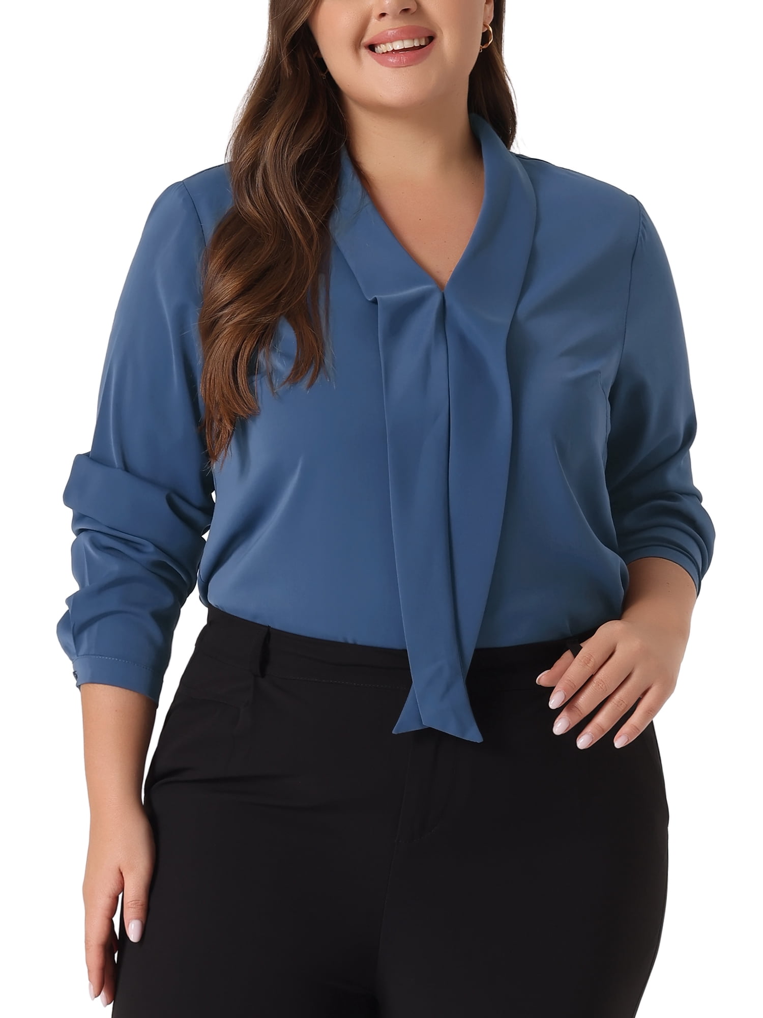 DARING DIVA Women's Plus Size Long Sleeve Tie V Neck Chiffon Blouse 4X Blue