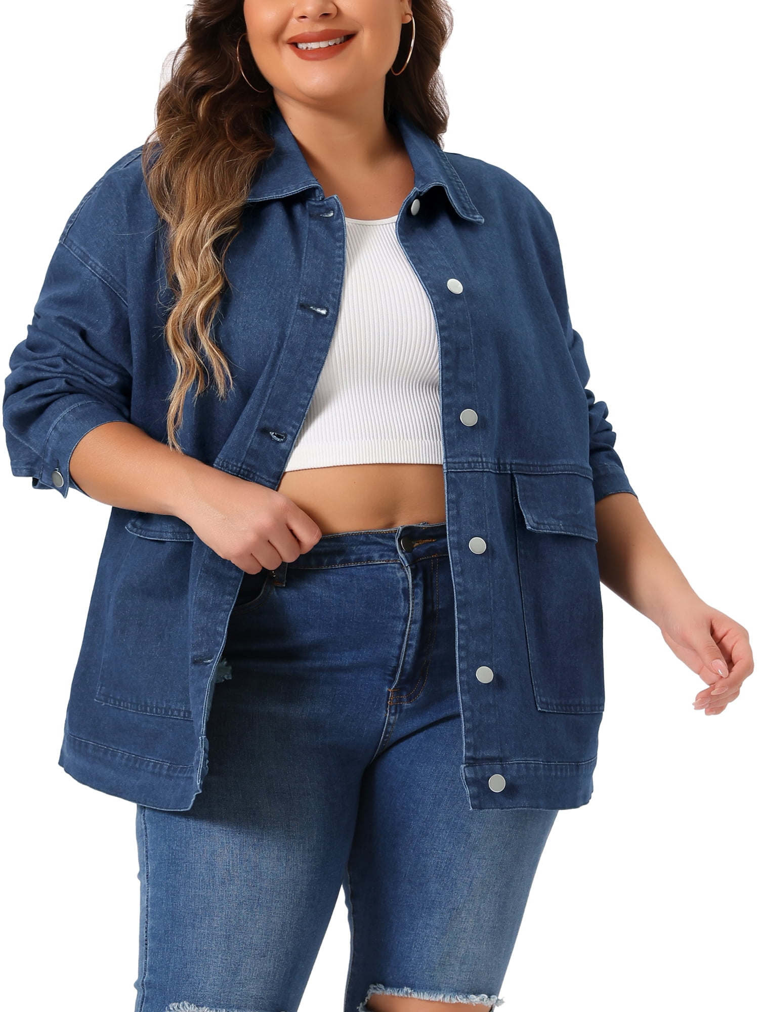 DARING DIVA Women's Plus Size Long Sleeve Vintage Denim Jacket 3X Dark Blue