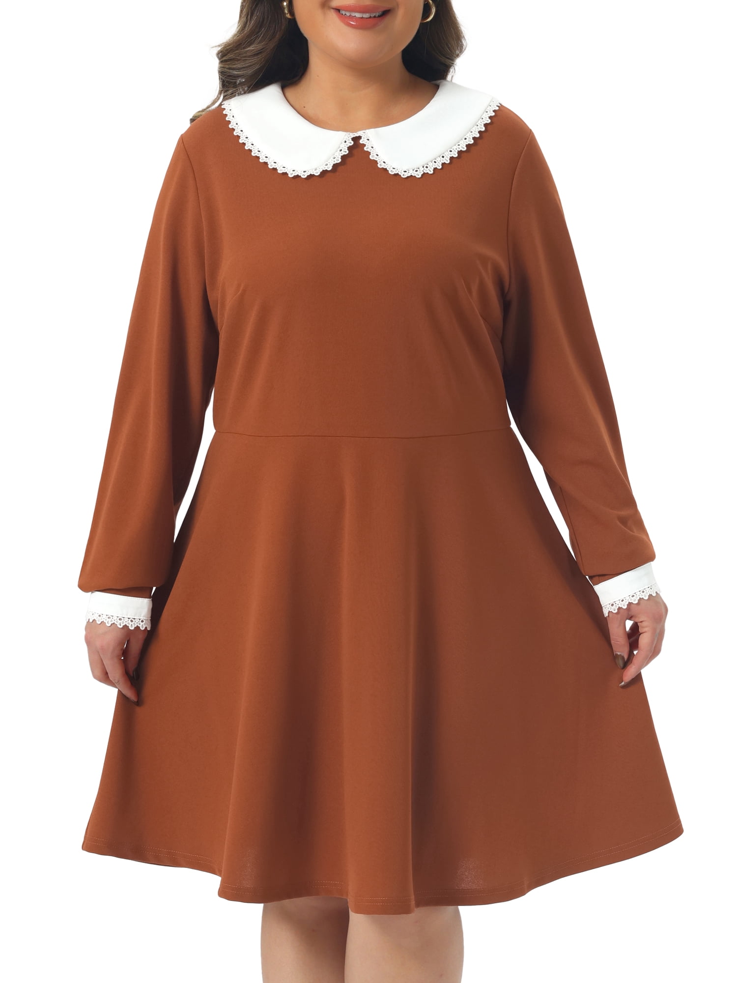 DARING DIVA Women's Plus Size Long Sleeves Collar A-line Midi Dress 1X Caramel