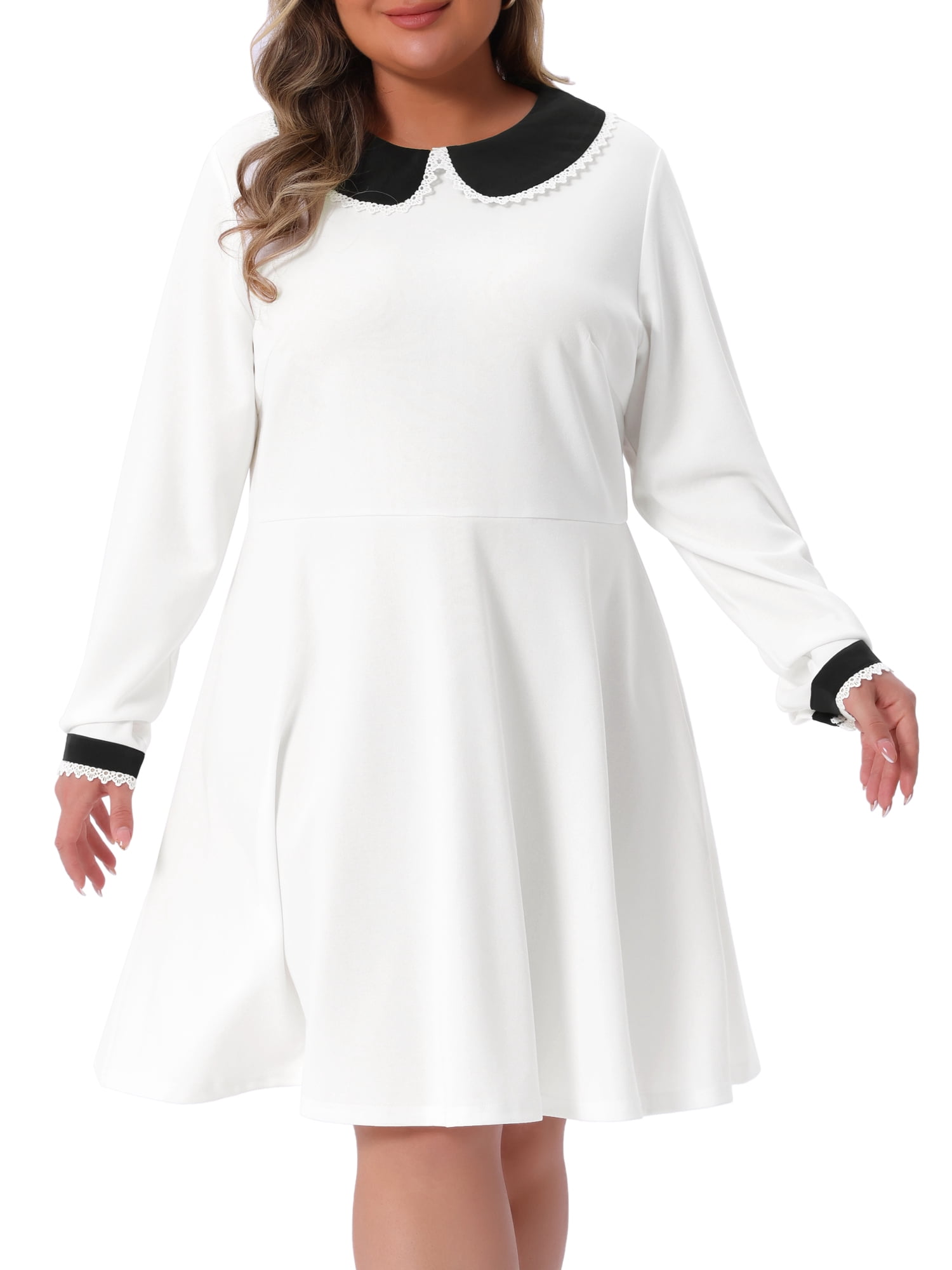 DARING DIVA Women's Plus Size Long Sleeves Collar A-line Midi Dress 3X White
