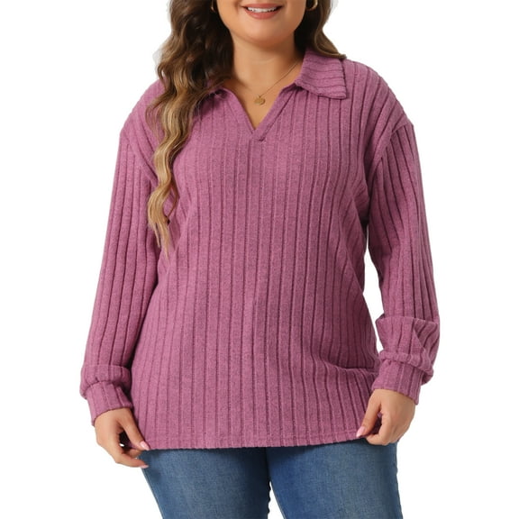 DARING DIVA Women's Plus Size Loose V Neck Long Sleeve Polo 3X Fuchsia